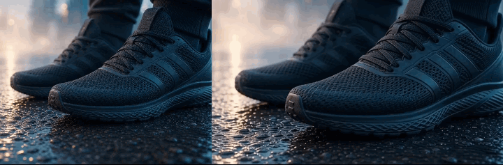 Demonstration of Gemini Omni Flash 1.1 first-frame animation: a macro close-up of athletic running shoes and camera tilt up on wet pavement