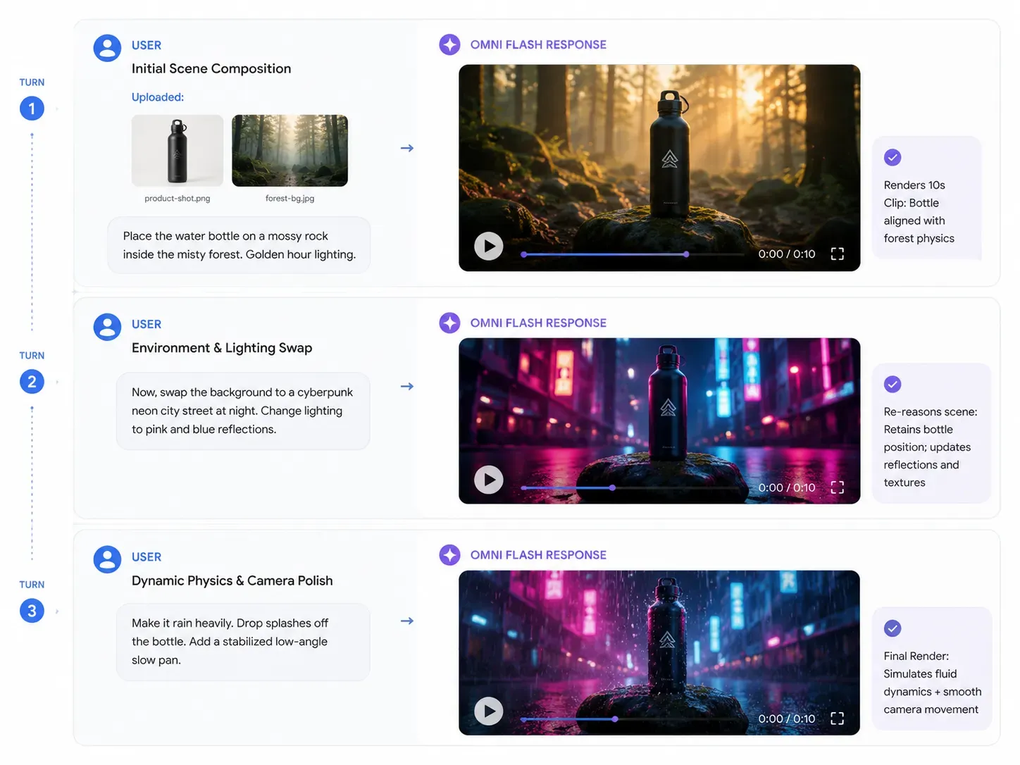 Conceptual graphic of text prompts transforming into a physics-grounded video scene via Google Gemini Omni