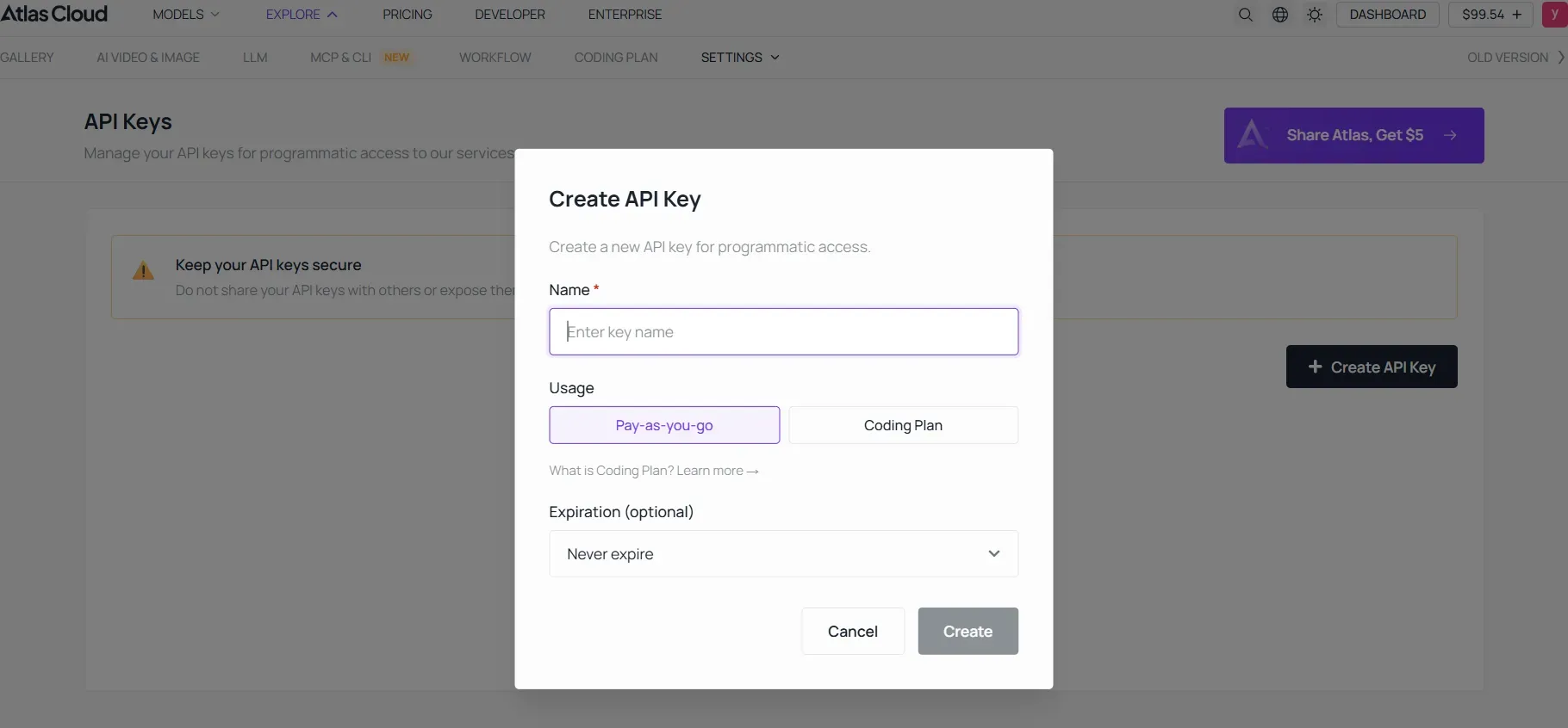 Create api key on Atlas Cloud