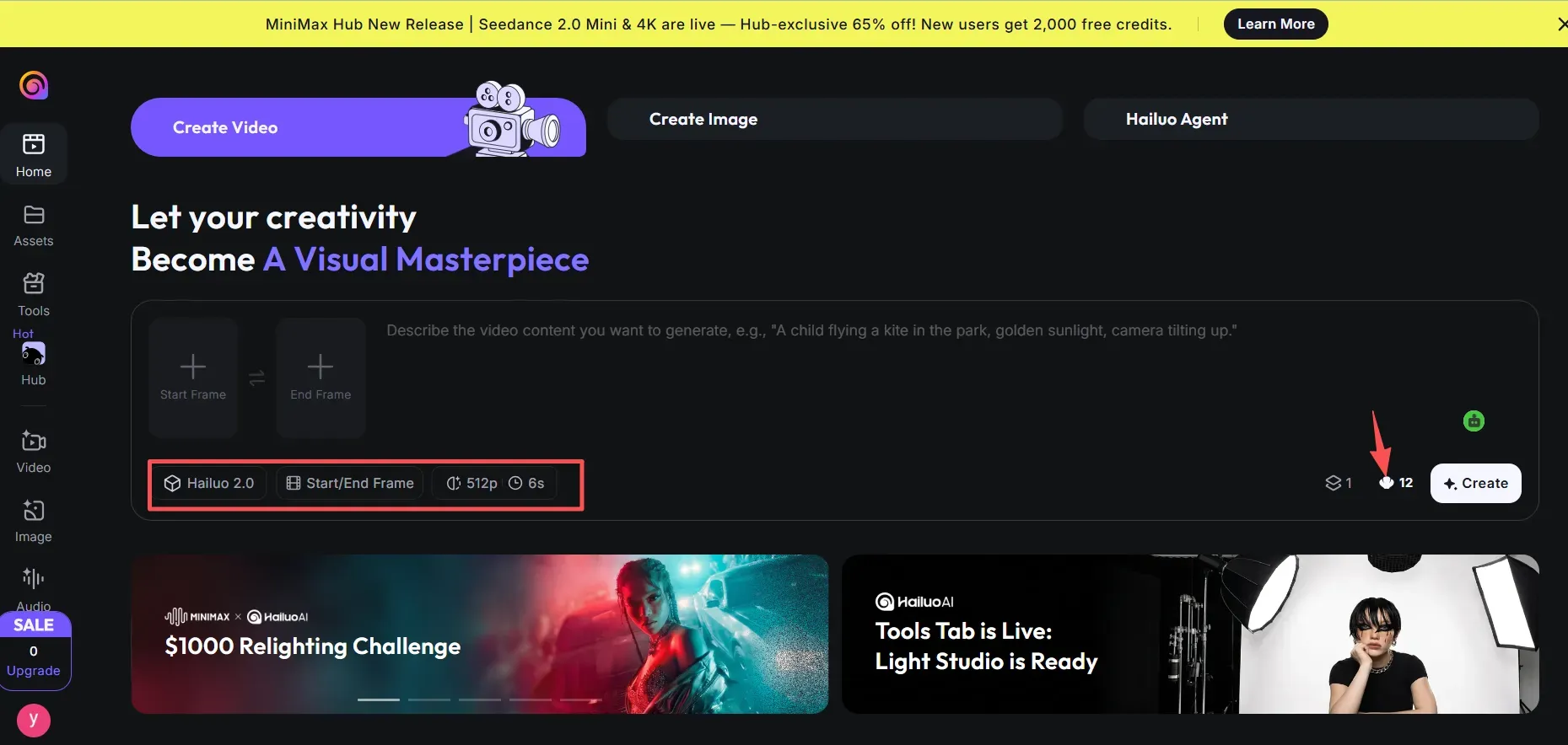 Generating a hailuo 2.0 video 512p 6s costs 12 credits