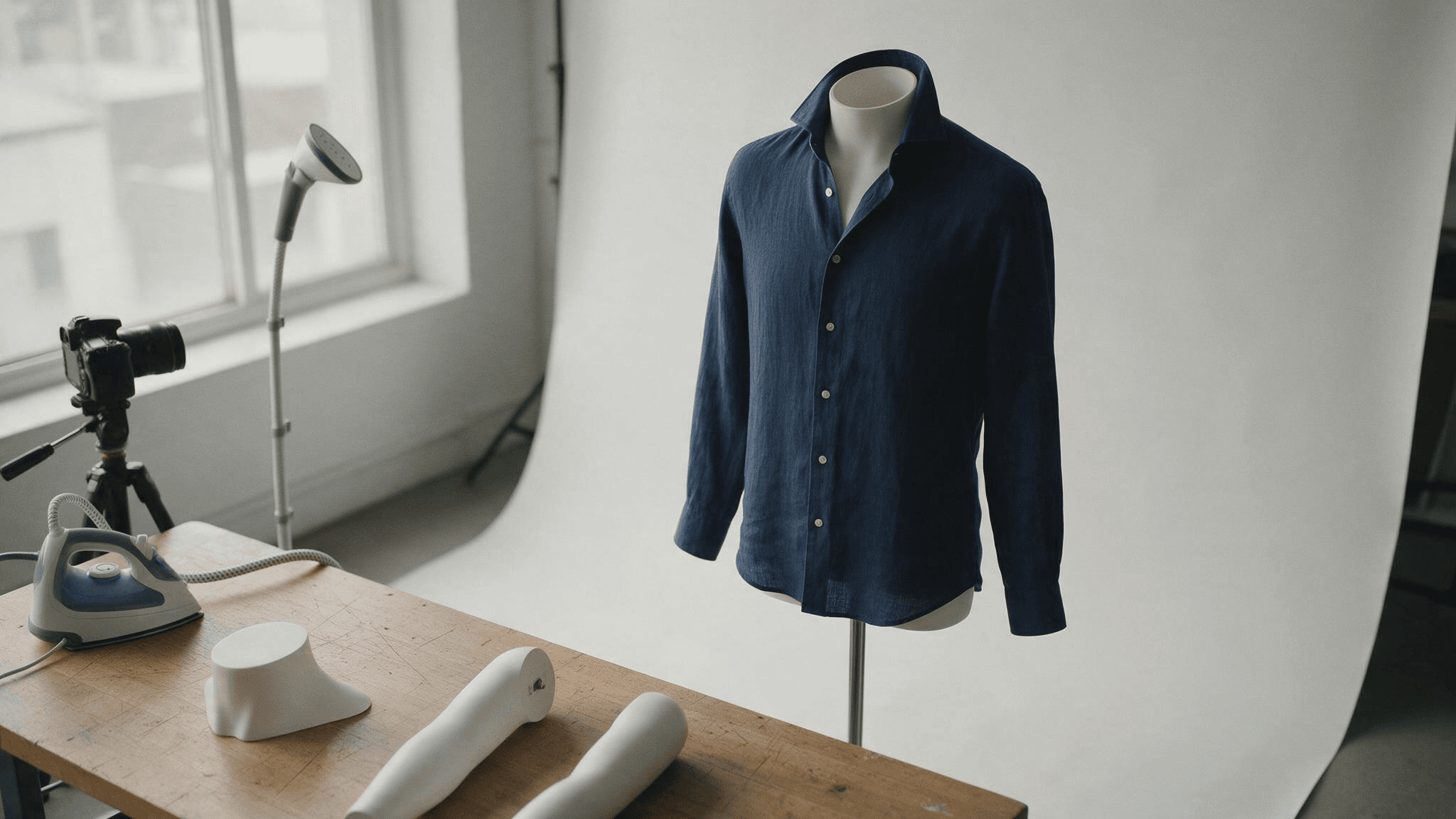 A home studio corner for ghost mannequin photography: a white invisible mannequin torso on a chrome stand wears a navy linen shirt with the neck piece removed, the detached neck and arm pieces lie on a wooden table next to a DSLR on a tripod and a garment steamer, with a white paper sweep behind