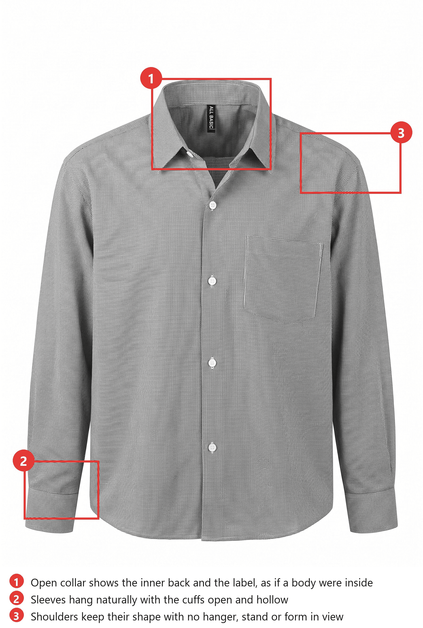 Annotated ghost mannequin photography example of a grey check button-up shirt on white, with red callouts on the open collar showing the inner back, the hollow sleeve cuff and the shoulder line that holds its shape with no hanger or form The shirt started as a photo on a wooden hanger by Fahmi Garna on Pexels; the ghost version was generated with Apparel Photoshoot and the callouts were added afterwards