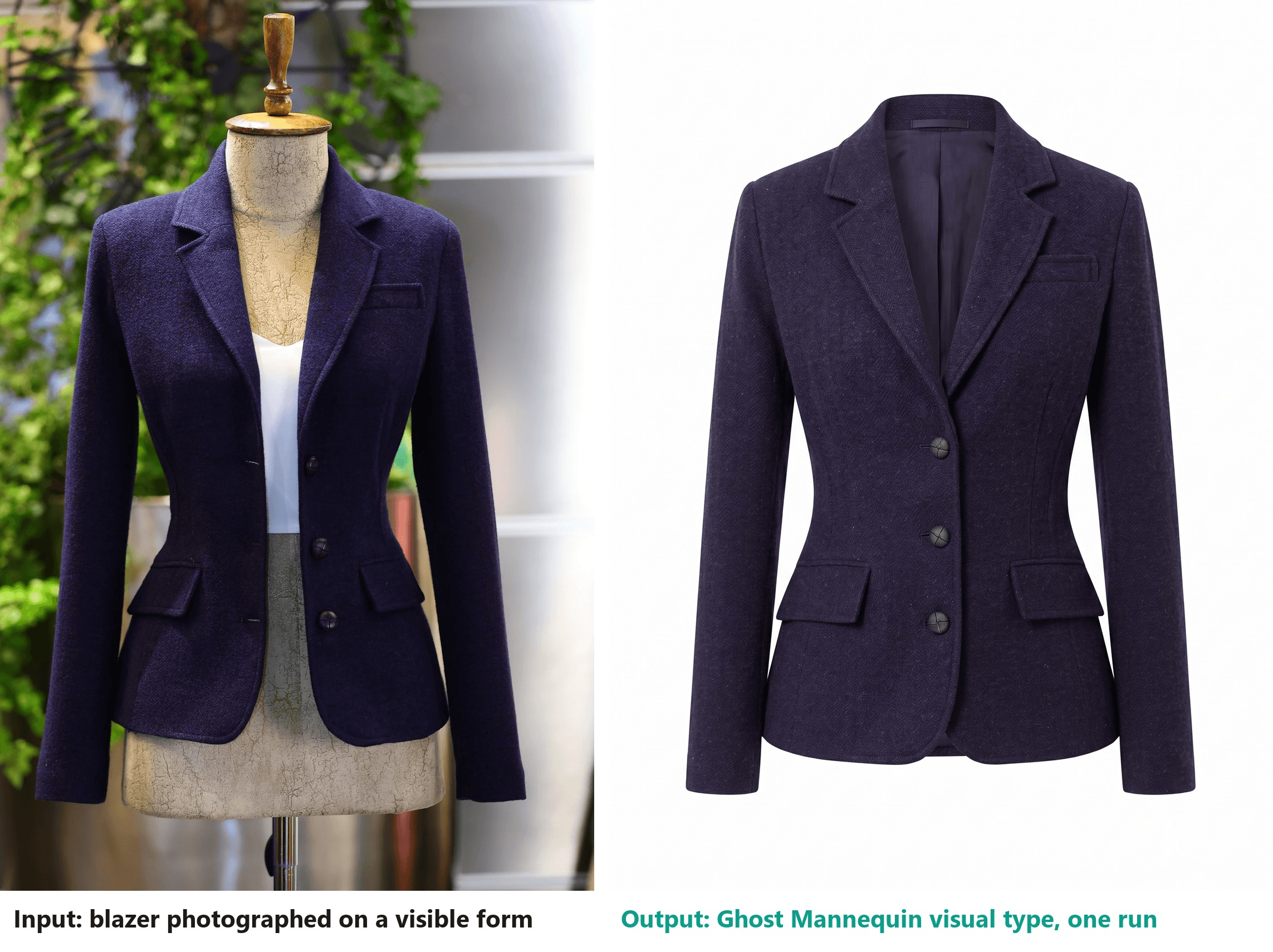 Ghost mannequin AI before and after: on the left a navy blazer photographed on a visible dress form in a shop with plants behind, on the right the same blazer as a hollow ghost mannequin image on white, with the lining visible through the open neck and no form, camisole or stand Input photo by Zayona Fashion on Pexels; the right panel was generated from it with the Ghost Mannequin visual type in one run
