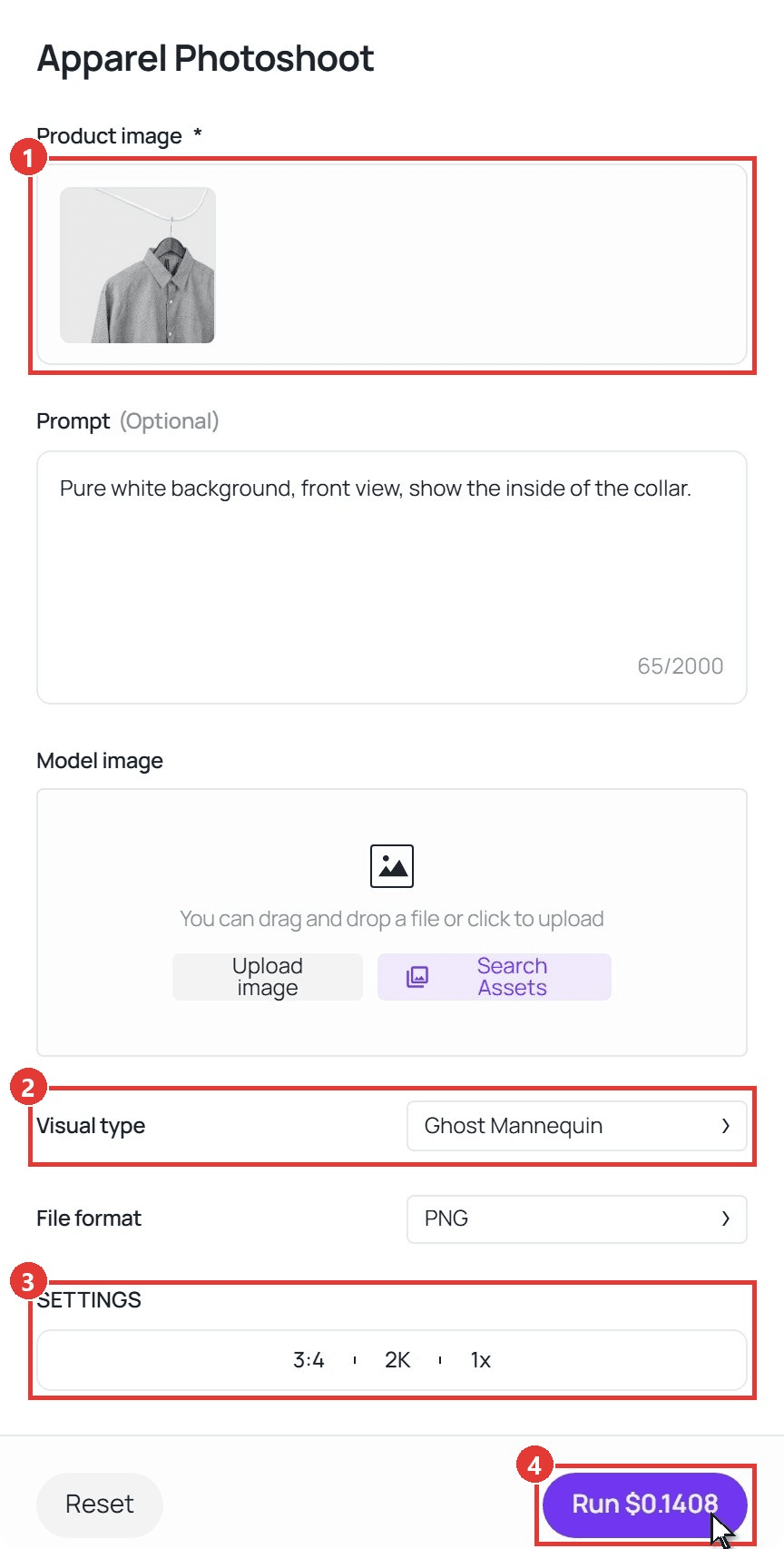 Apparel Photoshoot workflow form with a grey shirt uploaded, showing the four controls to use in order: the Product image upload, the Visual type field set to Ghost Mannequin, the Settings row at 3:4 and 2K, and the Run button