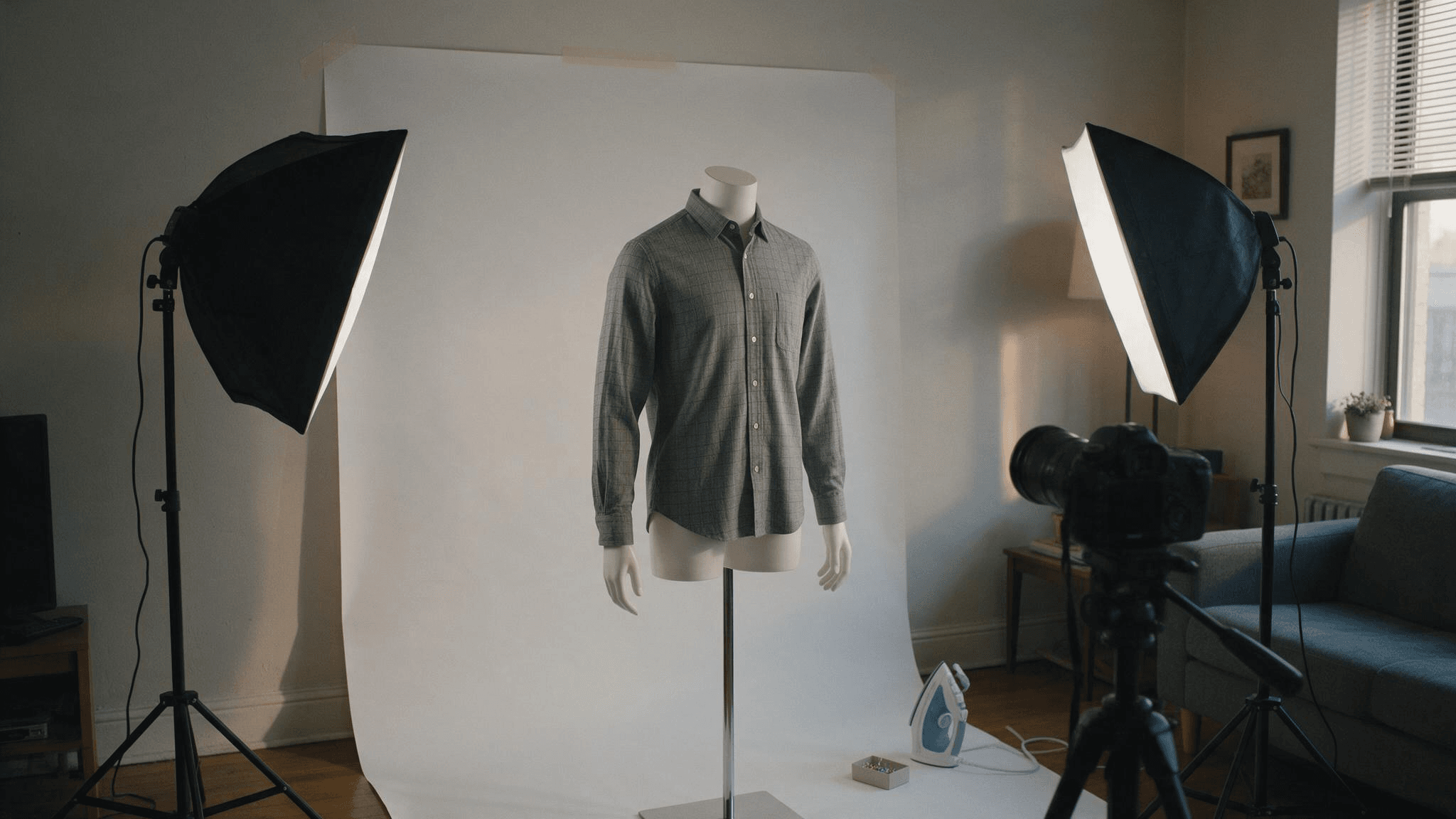 Ghost mannequin photography at home: a white invisible mannequin torso wearing a grey check shirt stands on a chrome pole in front of a white paper backdrop taped to a living room wall, with two softbox lights on stands, a DSLR on a tripod and a steamer on the floor