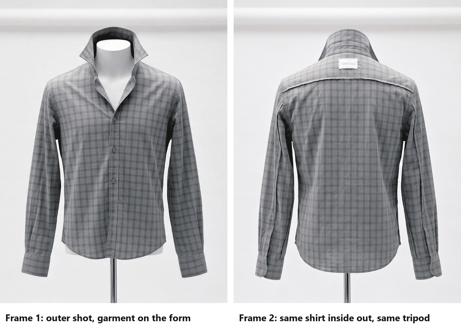 The two frames of traditional ghost mannequin photography side by side: a grey check shirt on a white mannequin torso in front of a white sweep, and the same shirt turned inside out and put on the same form back to front, showing the inside of the back collar, the neck label and the raw seam allowances