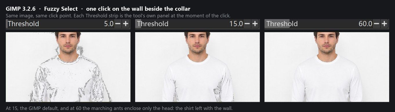 Three GIMP 3.2.6 screenshots of Fuzzy Select clicked on the wall beside the collar, each showing the tool's own Threshold panel: at 5.0 the selection breaks into confetti across the shirt, at the default 15.0 and at 60.0 the marching ants enclose only the man's head because the shirt has been selected along with the wall. AI-generated test input.