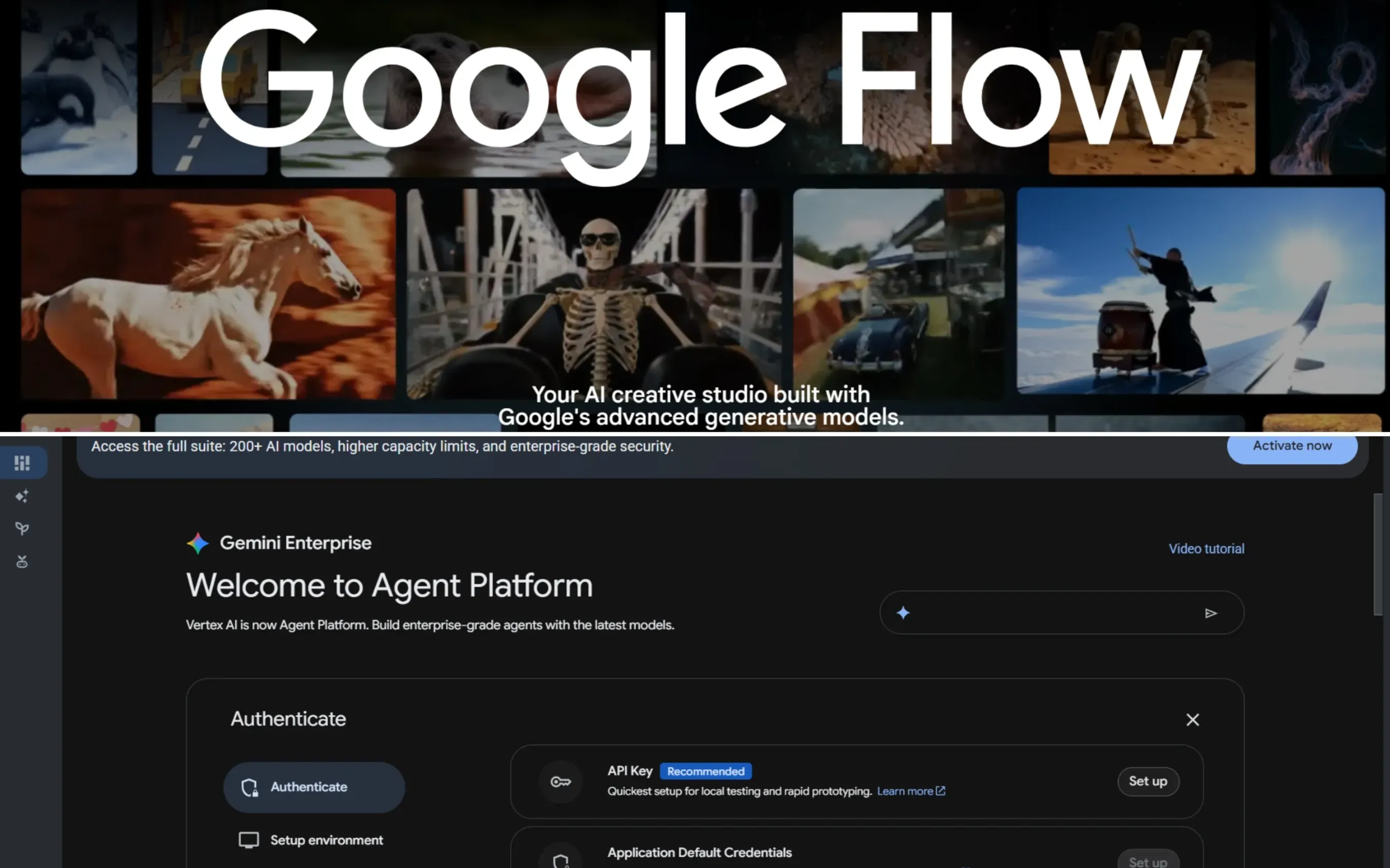 Google Flow UI banner and Vertex AI Agent Platform authentication dashboard for accessing Veo 3.1