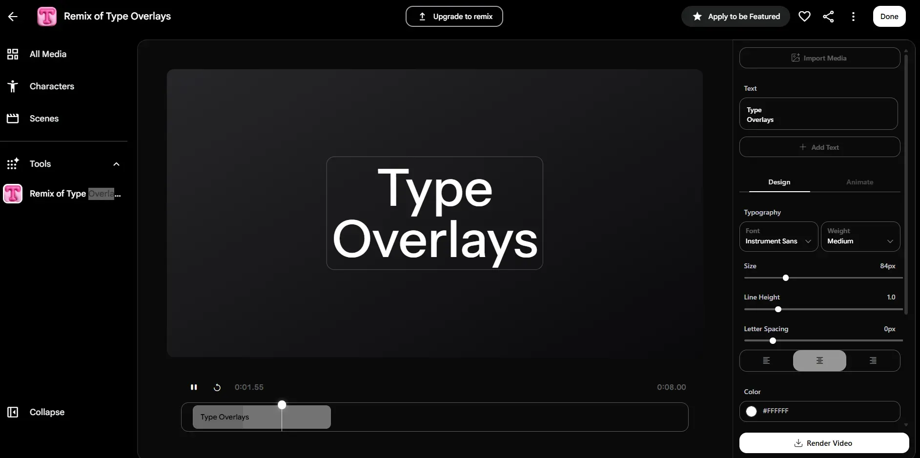 Google Flow workspace interface showing timeline and text overlay controls