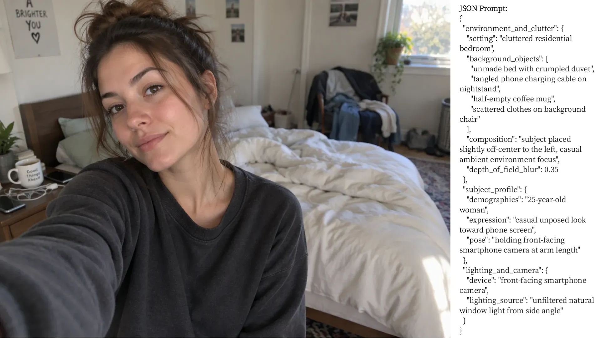 Photorealistic AI selfie generated with GPT Image 2.5 featuring unmade bed clutter, off-center framing, and casual bedroom environment