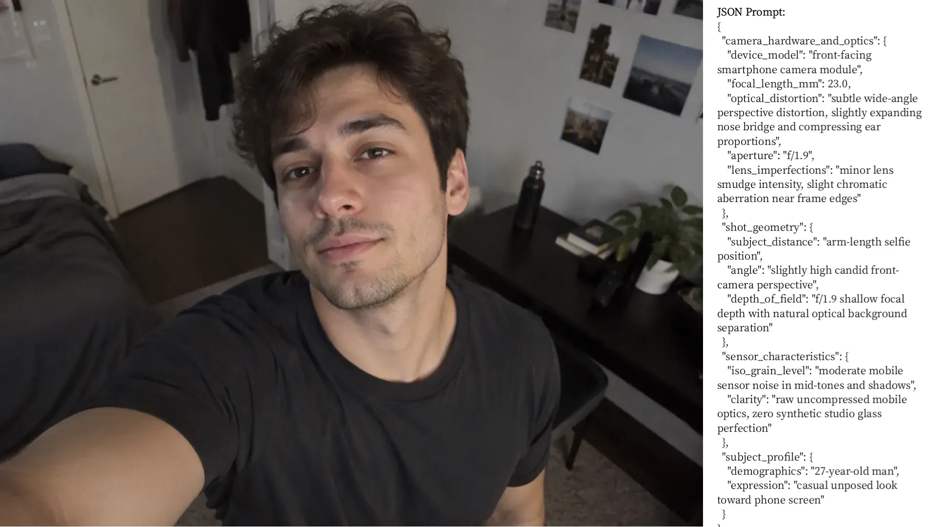 Photorealistic AI selfie rendered with GPT Image 2.5 showing 23mm front-camera focal distortion, f/1.9 depth of field, and mobile sensor grain