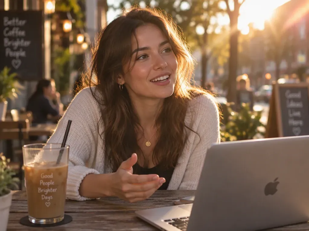 Photorealistic AI portrait generated with GPT Image 2.5 featuring a woman at an outdoor cafe table with laptop, iced coffee, and natural golden hour sunlight