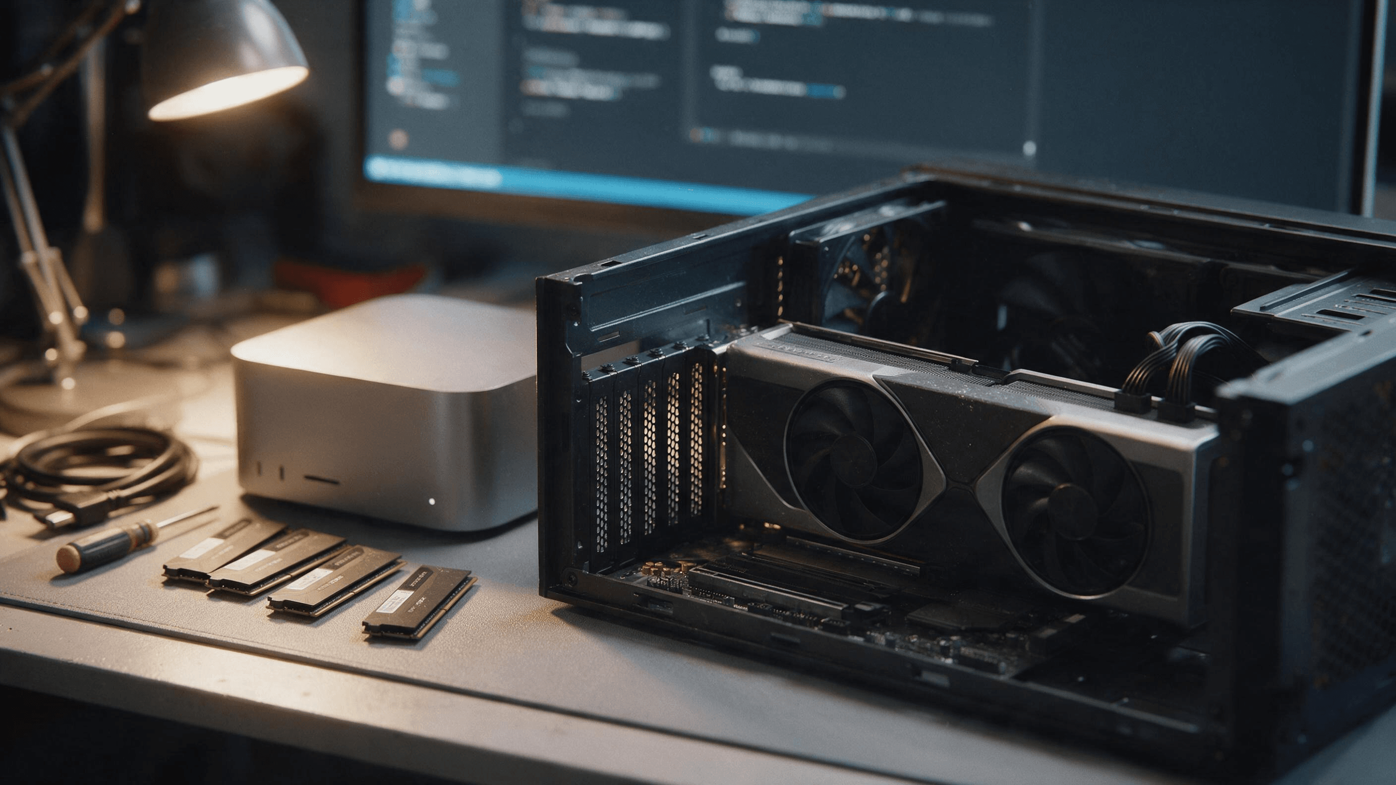 A home workbench at night with an open PC case holding a dual-fan graphics card, a plain silver mini PC, four memory sticks and a screwdriver on a grey mat, lit by a desk lamp and a blurred code editor on the monitor behind