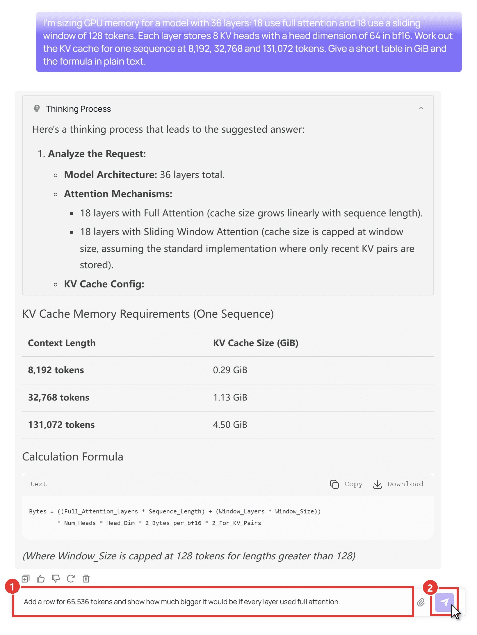 Qwen3.5 122B A10B playground on Atlas Cloud showing a KV cache question, the Thinking Process panel, an answer table and formula, the message box holding a follow-up asking for a 65,536-token row marked as step 1, and the send arrow marked as step 2 with the cursor on it