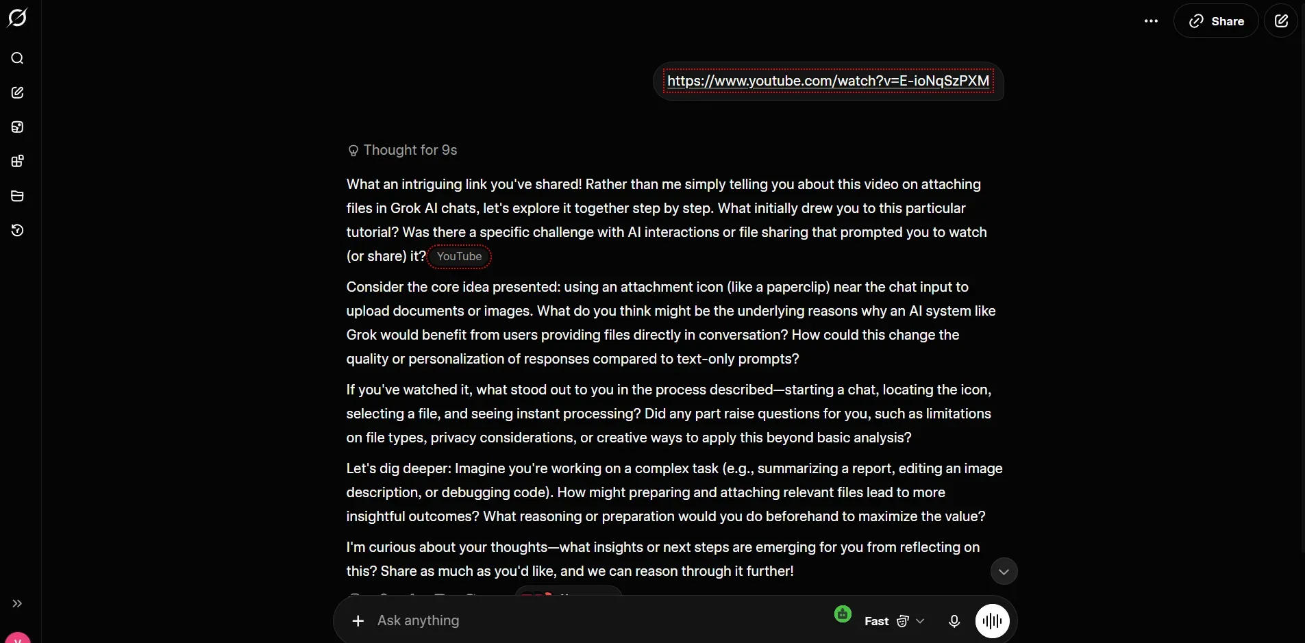 Screenshot of Grok xAI chat interface showing a user pasting a YouTube video URL instead of a native video upload, illustrating why Grok cannot visually analyze external streaming links