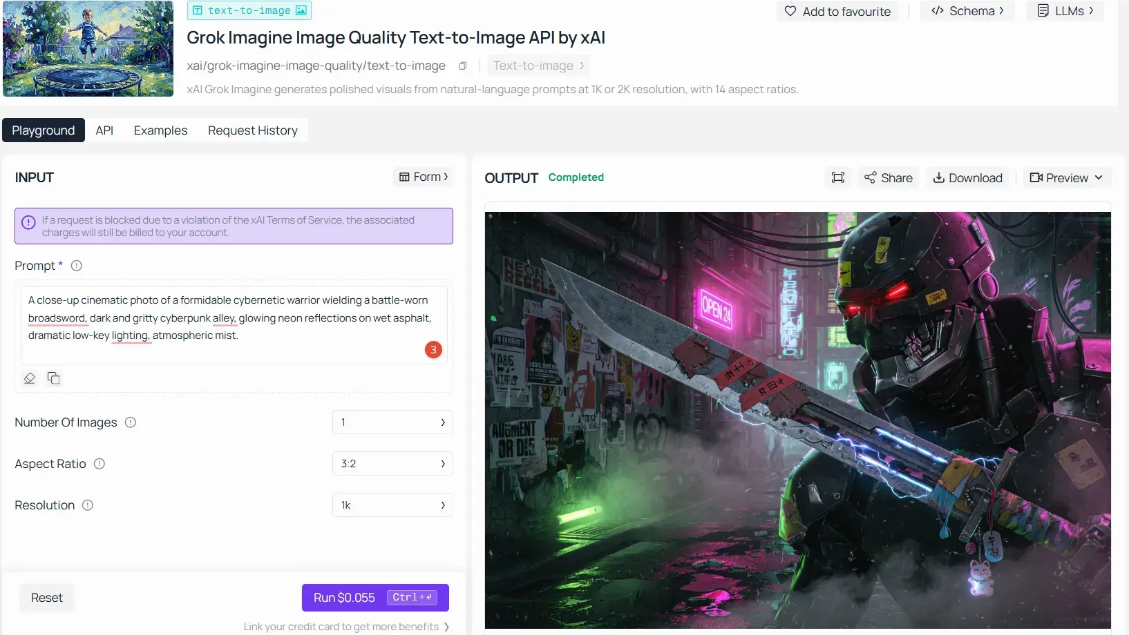 An approved Grok AI image generation example showing a cinematic cyberpunk warrior with a battle-worn broadsword