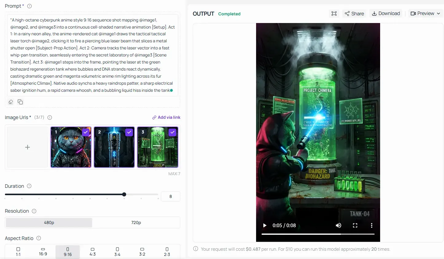 Grok Image to Video generation interface showing a sequential multi-image prompt setup with three source images on Atlas Cloud