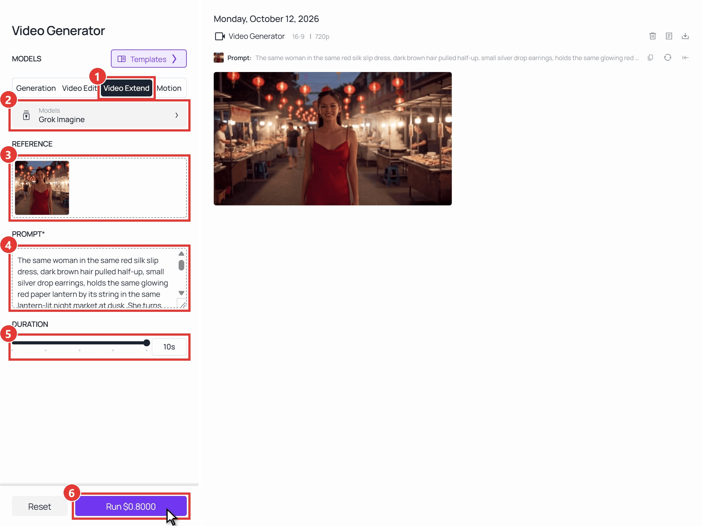 Atlas Cloud video generator with six numbered red boxes: the Video Extend tab, the Models menu set to Grok Imagine, a trimmed 10-second night market clip of a woman in a red silk dress in the Video to extend box, the continuation prompt about her holding a glowing red paper lantern, the DURATION slider at 10 seconds, and the Run button with a cursor on it, beside the finished extension in the results panel