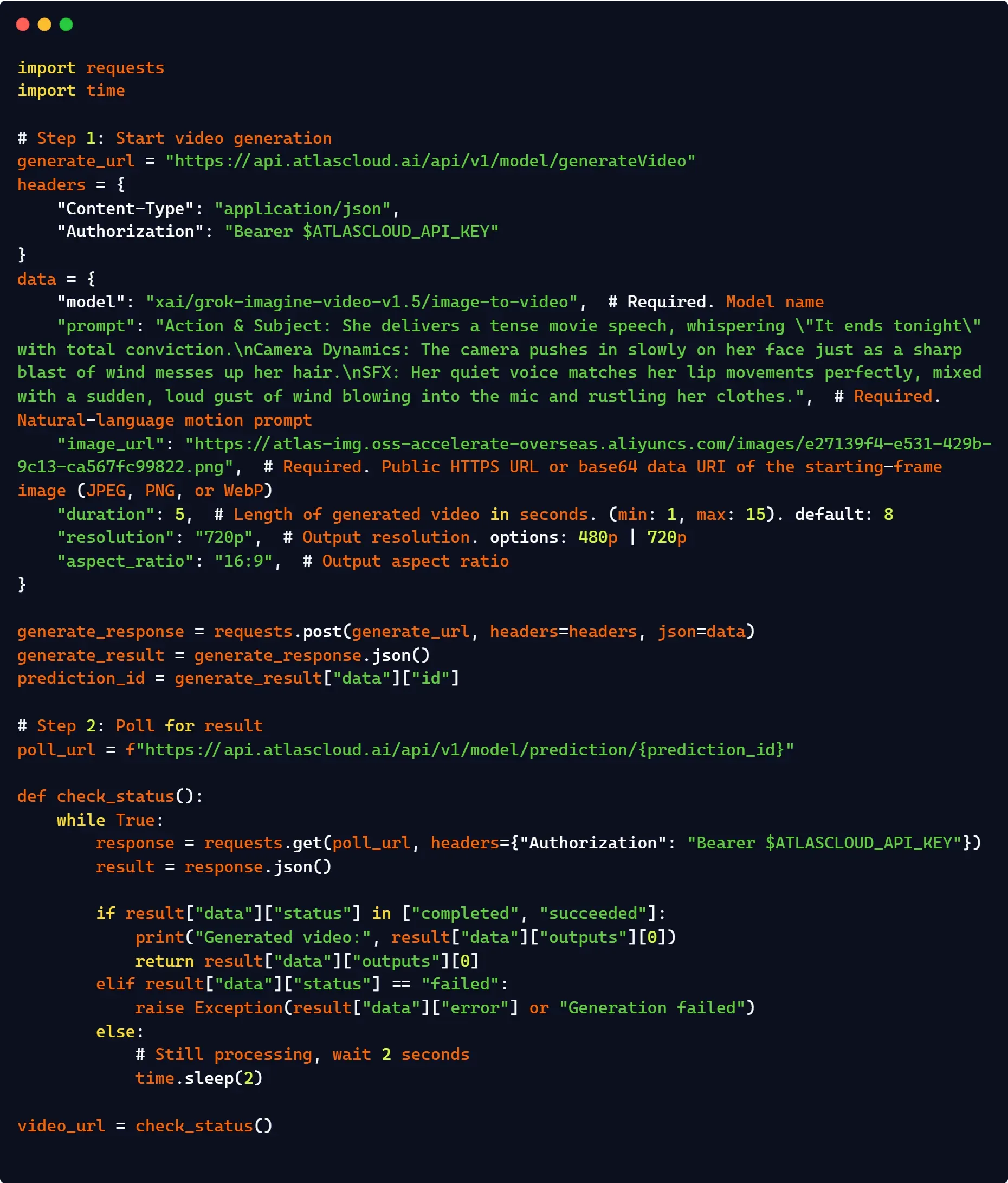 Grok imagine video v1.5 image to video api on Atlas Cloud code example