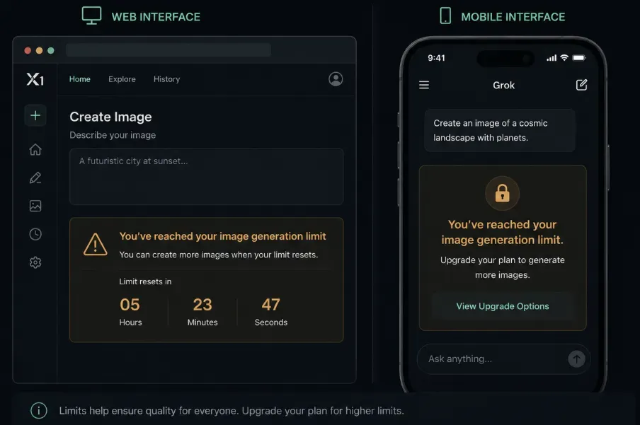 Guía de comparación de interfaces que muestra dónde encontrar el temporizador de cuenta regresiva del límite de Grok en un navegador web versus el mensaje genérico de límite alcanzado en la aplicación móvil de X