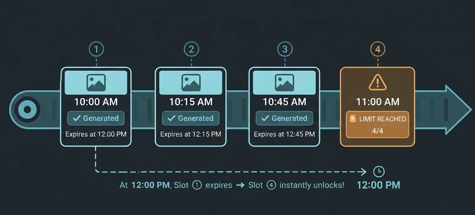 Un infográfico que explica cómo funciona el mecanismo de restablecimiento de la ventana móvil de 2 horas de generación de imágenes de xAI Grok en una línea de tiempo de cinta transportadora
