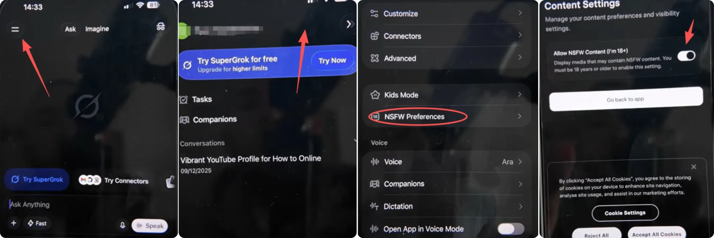 Step-by-step guide to unlocking Grok xAI NSFW video generation capabilities in 2026 by enabling the Allow NSFW Content toggle in the app's settings