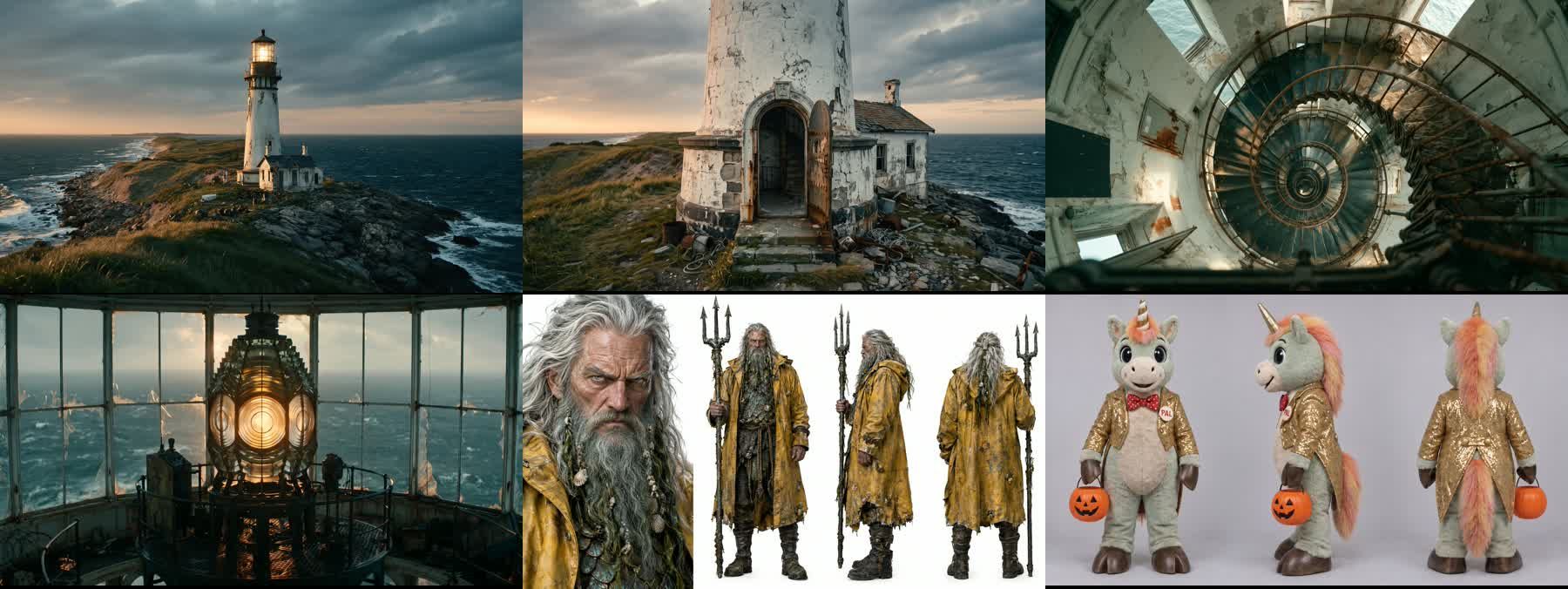 The six reference images. Top: lighthouse exterior, entrance, spiral staircase. Bottom: lamp room, the Sea King Keeper, Pal.