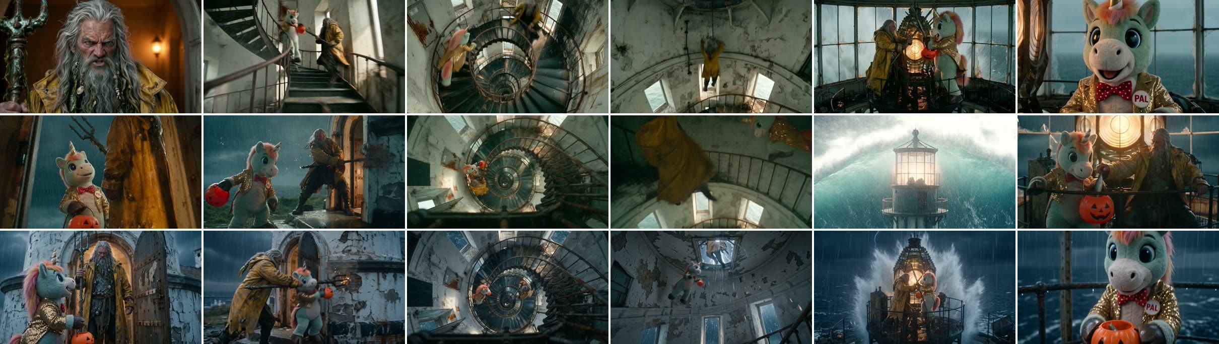 The same moments from each model. Rows: Kling 4.0, Seedance 2.5, Wan 3.0. Columns: 8.5s, 13s, 17s, 20.5s, 23s, 28.5s.