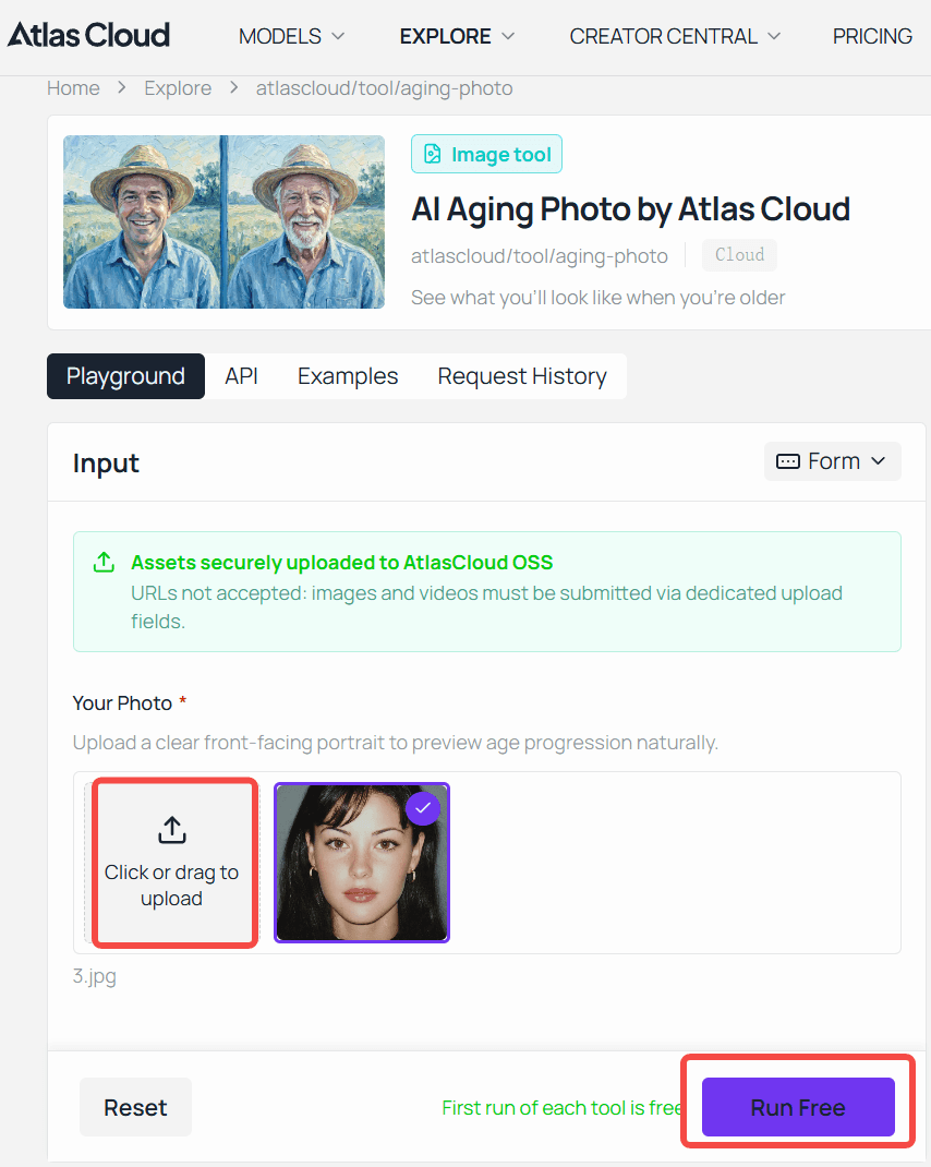 Screenshot of Atlas Cloud's AI Aging Photo playground, showing the upload step with a young woman's front-facing portrait selected and the Run Free button ready to generate.