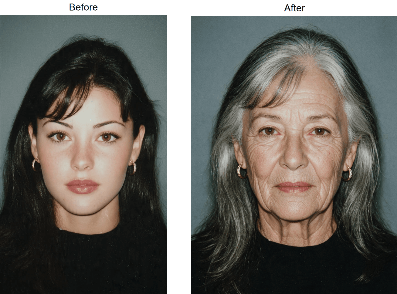 Before and after screenshot from Atlas Cloud's AI Aging Photo tool, the same young woman's face on the left as uploaded and an AI-generated older version on the right, same background and identity preserved.