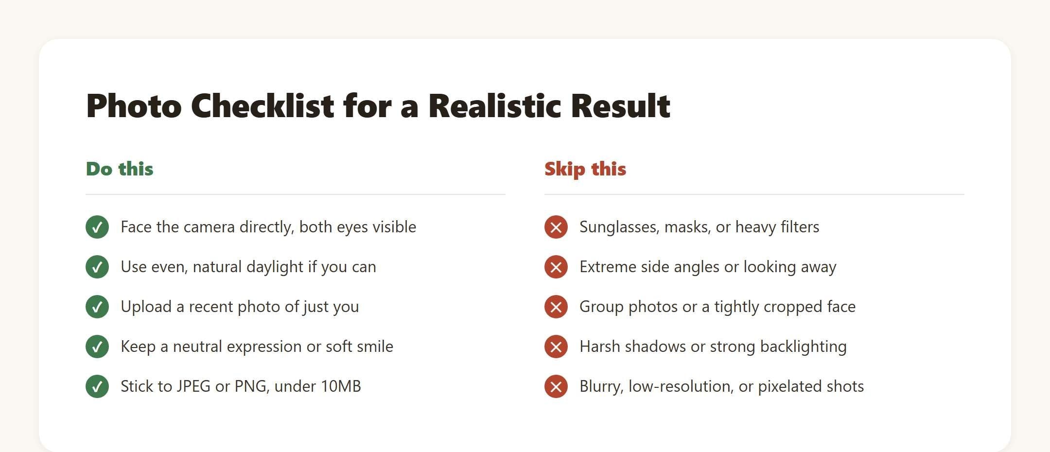 Infographic titled Photo Checklist for a Realistic Result, listing things to do such as facing the camera directly and things to avoid such as sunglasses or harsh shadows.