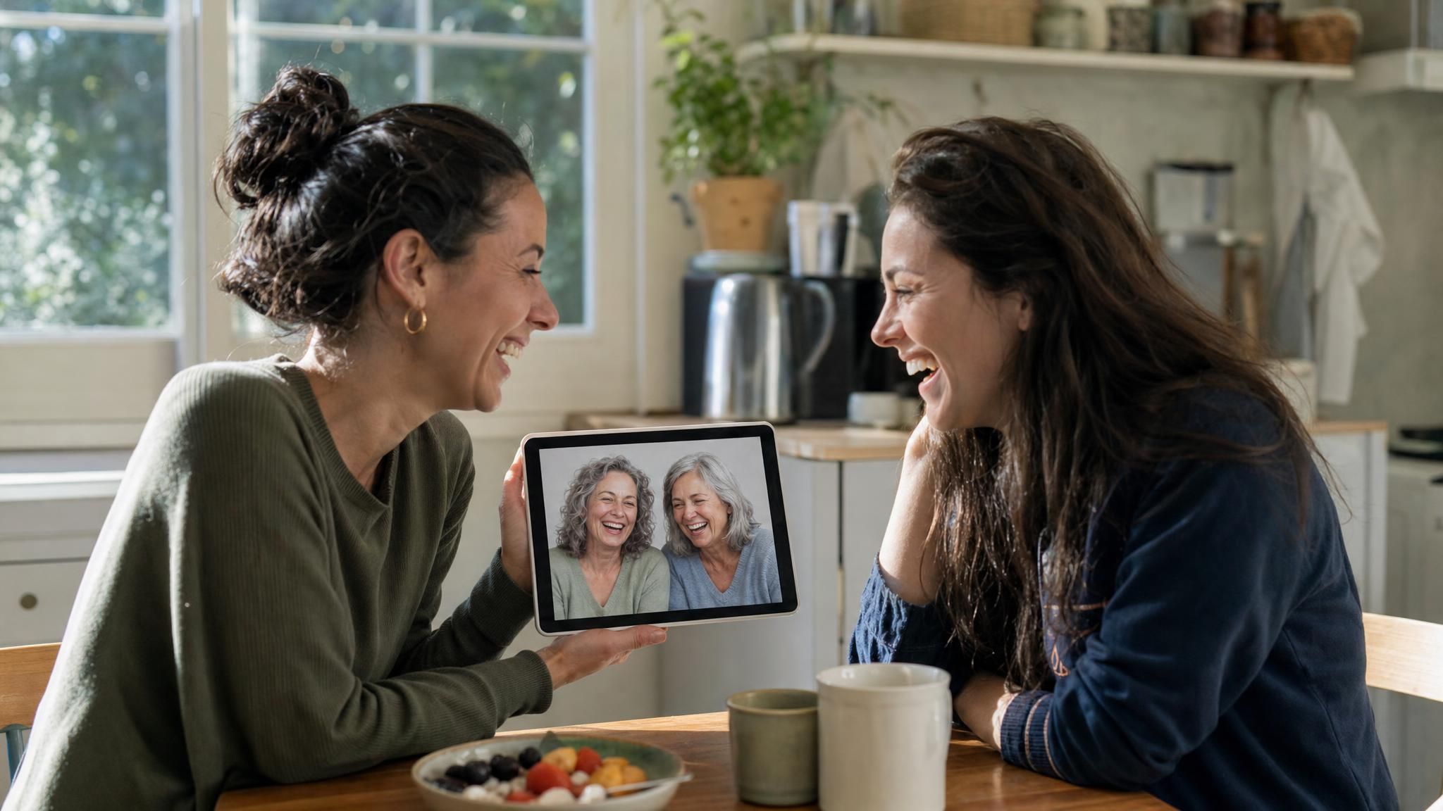 A couple sitting closely on a couch holding a framed photo of an elderly couple who resemble them, illustrating growing old together.
