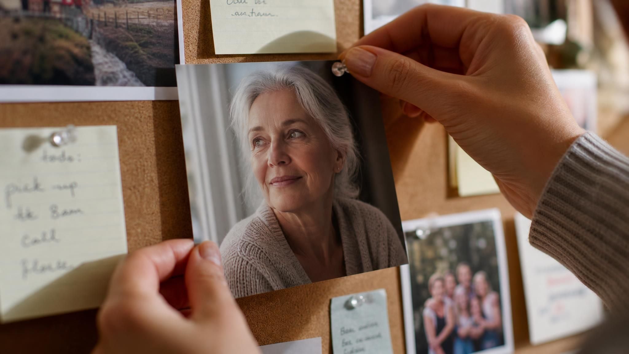 A person wearing white gloves holding a large printed high-resolution portrait of an older woman next to a magnifying glass and a HIGH RES label.