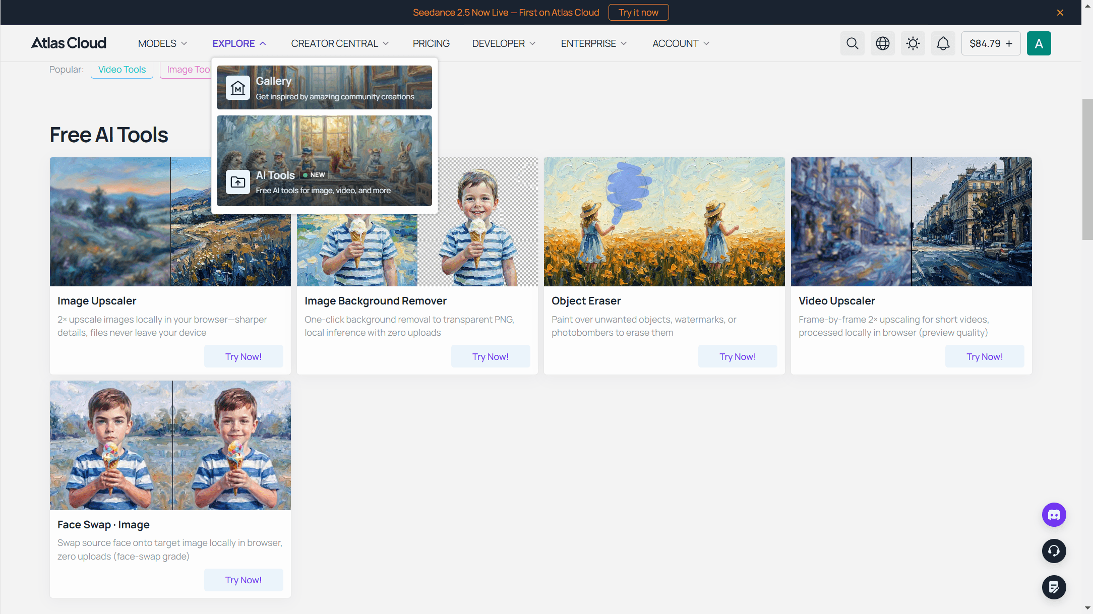 Atlas Cloud AI Tools directory page showing a grid of free tools including the AI baby face generator.