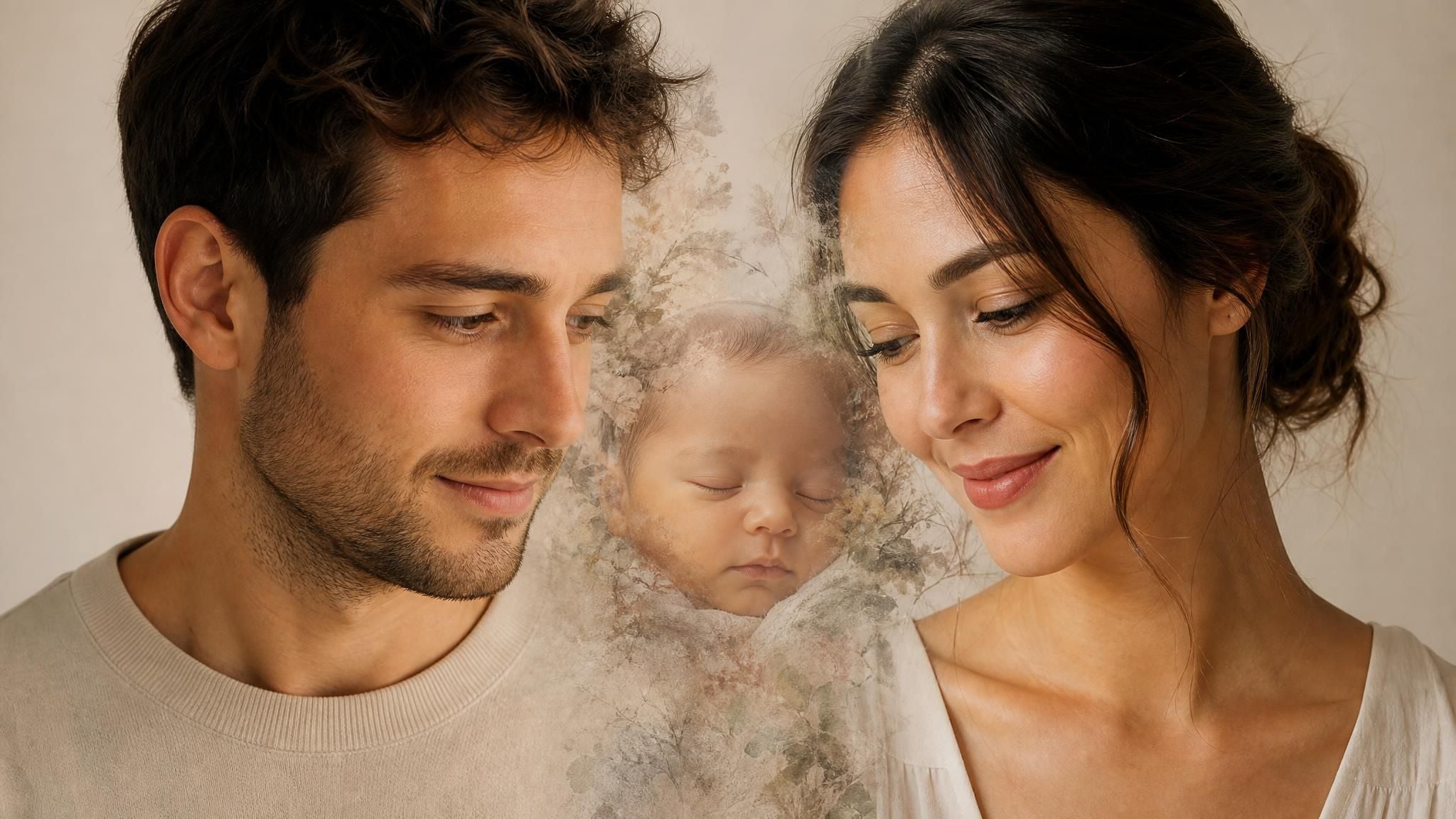 Illustration representing two parent photos blending into one predicted baby face, for an article on what will my baby look like.