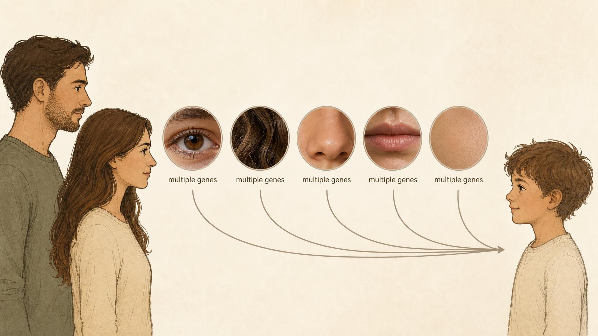 Diagram of eye color, hair color, skin tone, nose shape, and mouth width as separately inherited traits combining into a child's appearance.