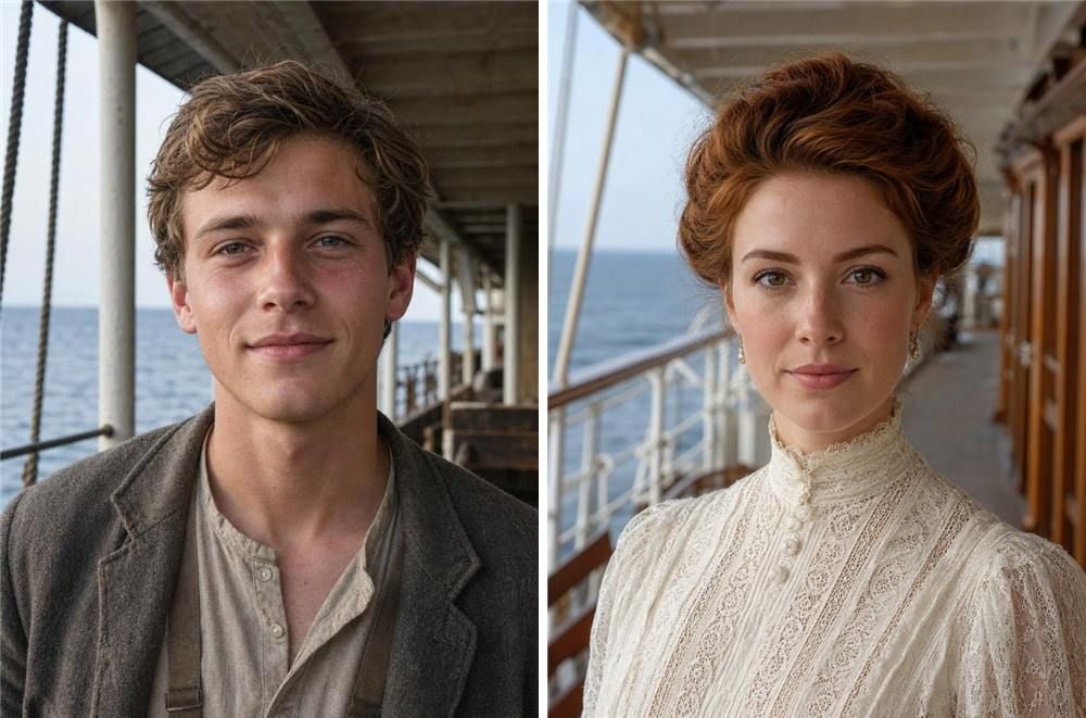 Amy Lee3 小时前Two AI-generated portraits of a 1912 ocean liner couple used as parent inputs for the AI baby face generator, a young man in a worn tweed jacket on a lower deck and a young woman in an Edwardian lace blouse on a promenade deck
