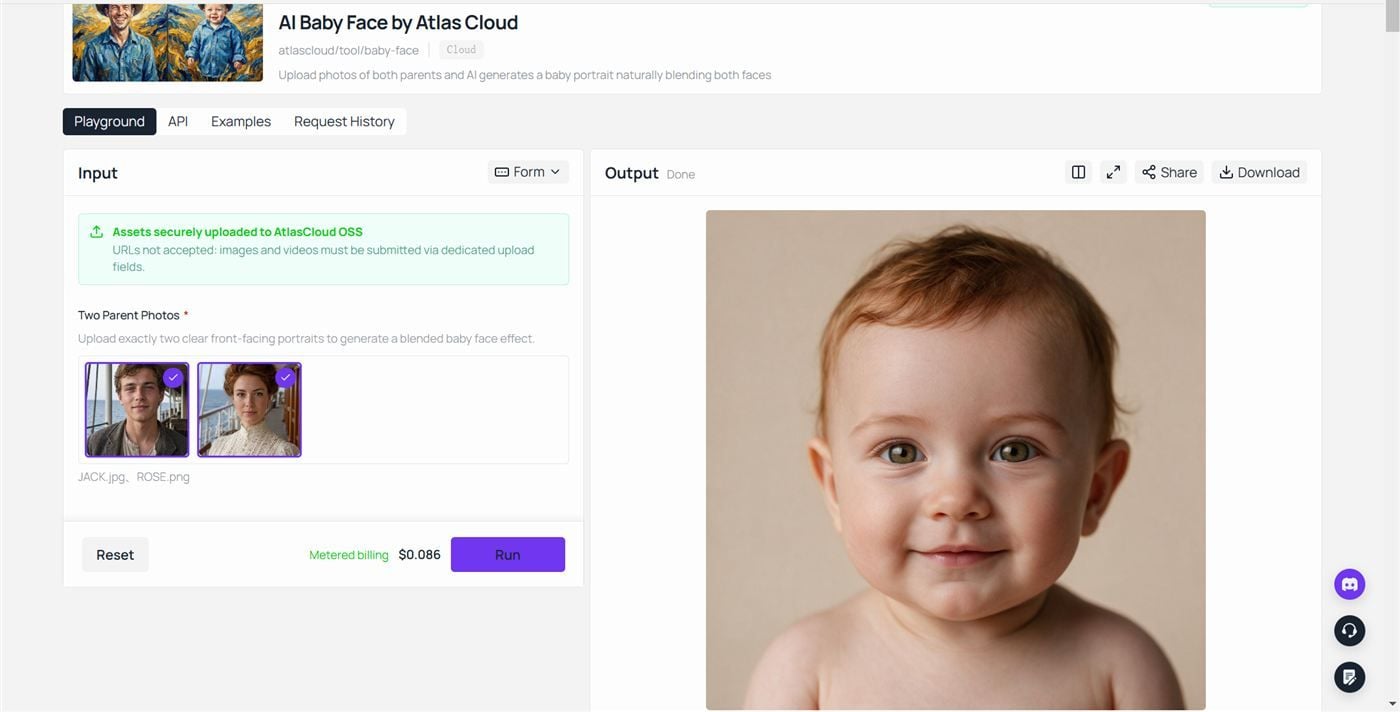 Atlas Cloud AI baby face generator result screen with the two 1912 period portraits uploaded as parent photos, the blended baby portrait as output, and the metered billing price visible next to the Run button