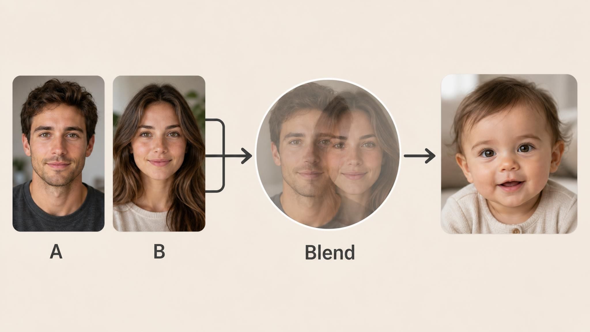 Flow diagram showing two parent photos merging through an AI blending step into one baby face output.