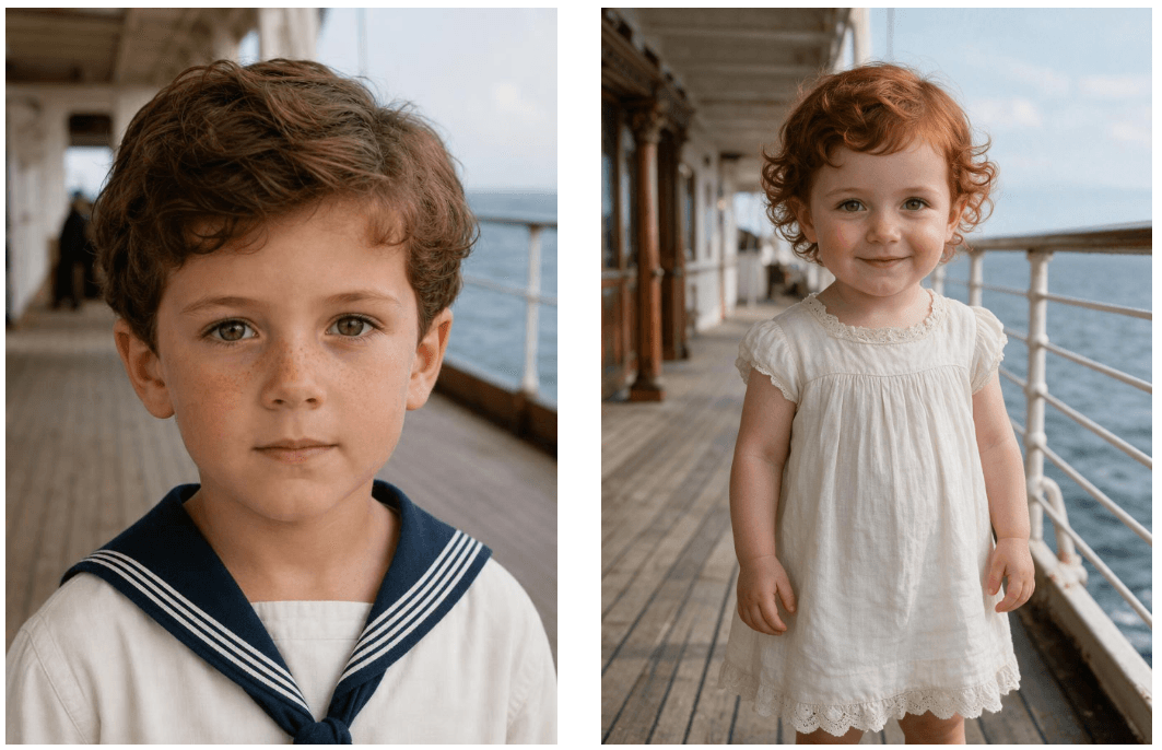 Side-by-side portraits of the two AI-generated siblings from the baby face generator experiment, a boy of five or six in a 1912 sailor collar and a three-year-old girl with auburn curls in a period dress, both on ocean liner decks