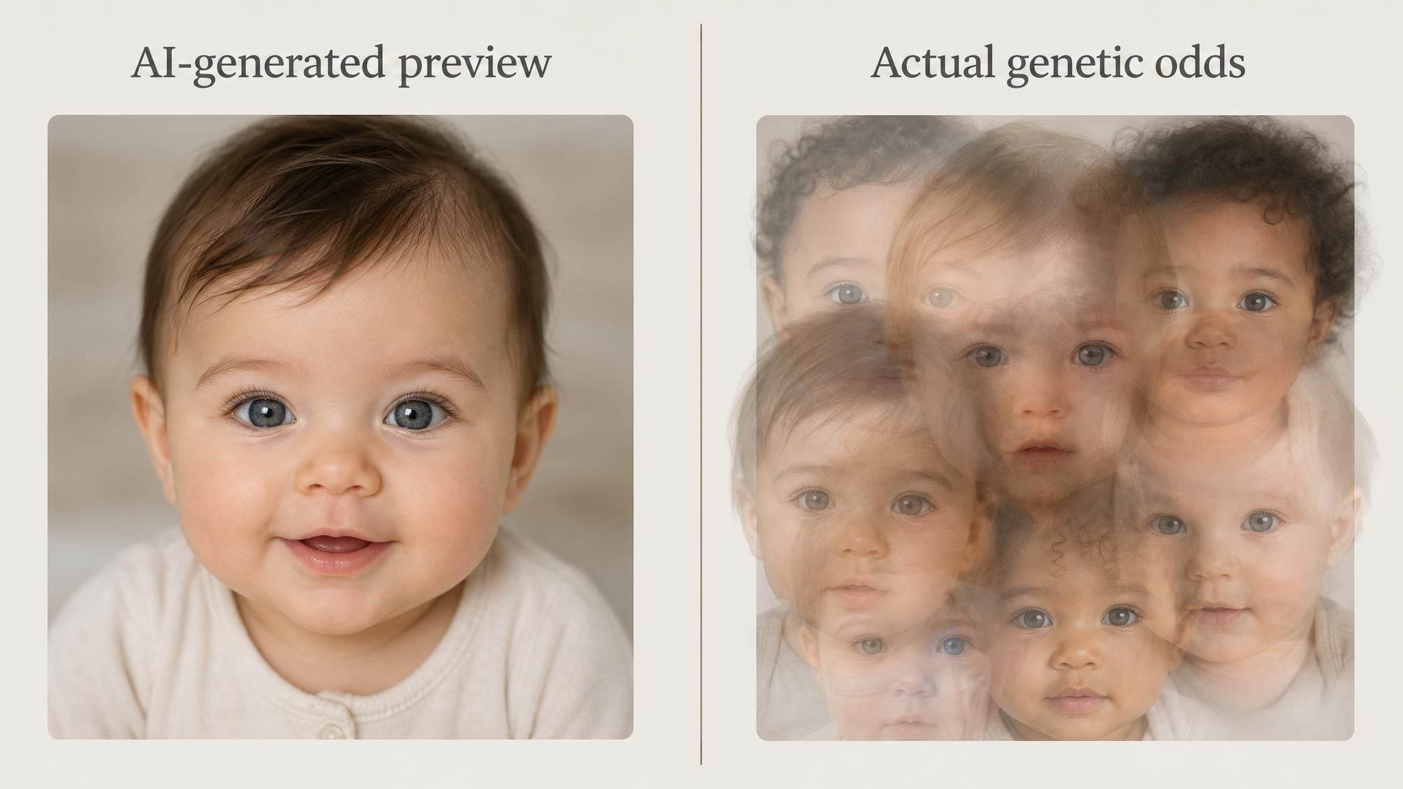 Conceptual comparison graphic contrasting an AI-generated baby face preview with the underlying uncertainty of real genetic inheritance.