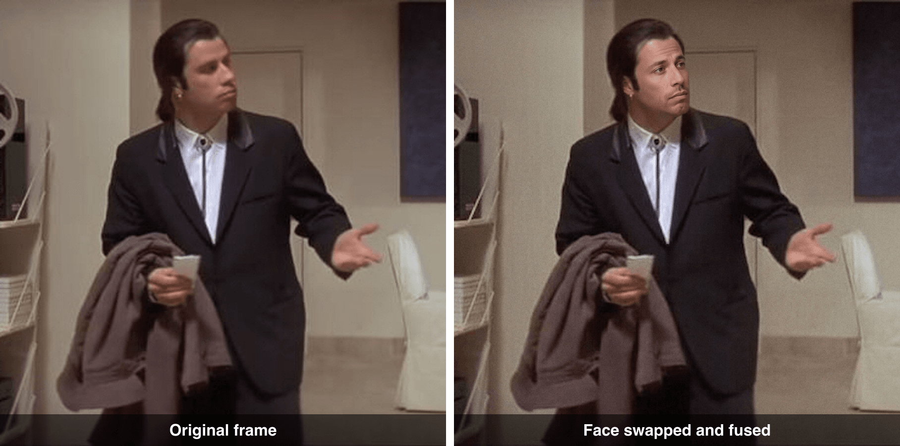 Side-by-side comparison of the confused Travolta meme with Adam Sandler's face