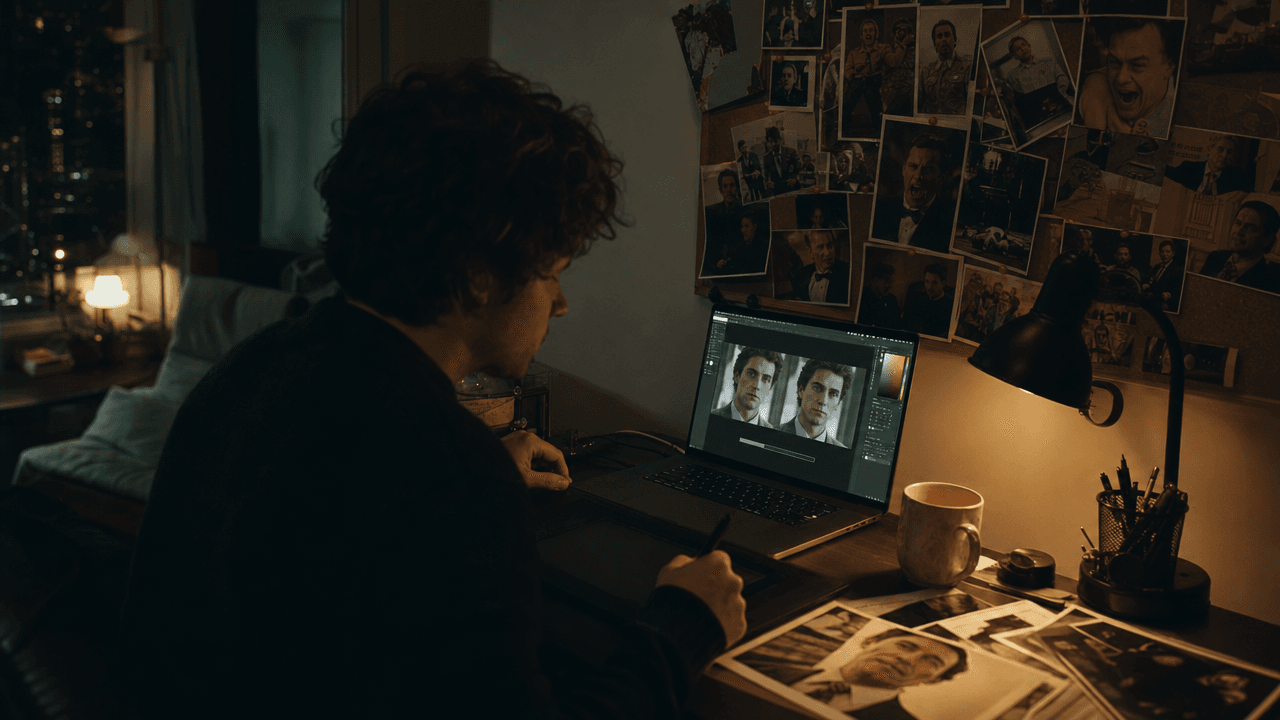 Man editing portraits on a laptop at a dimly lit desk