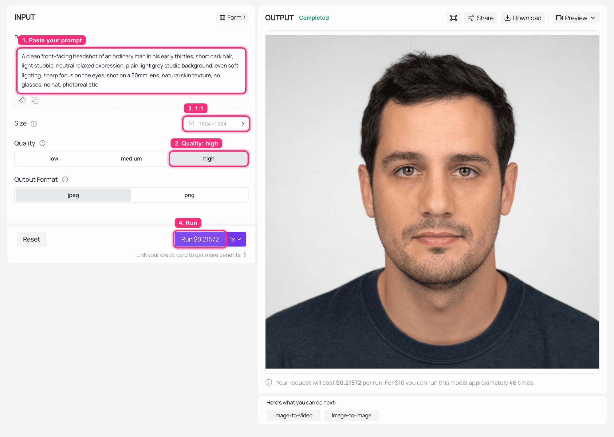 AI image generator interface showing a text prompt and generated portrait