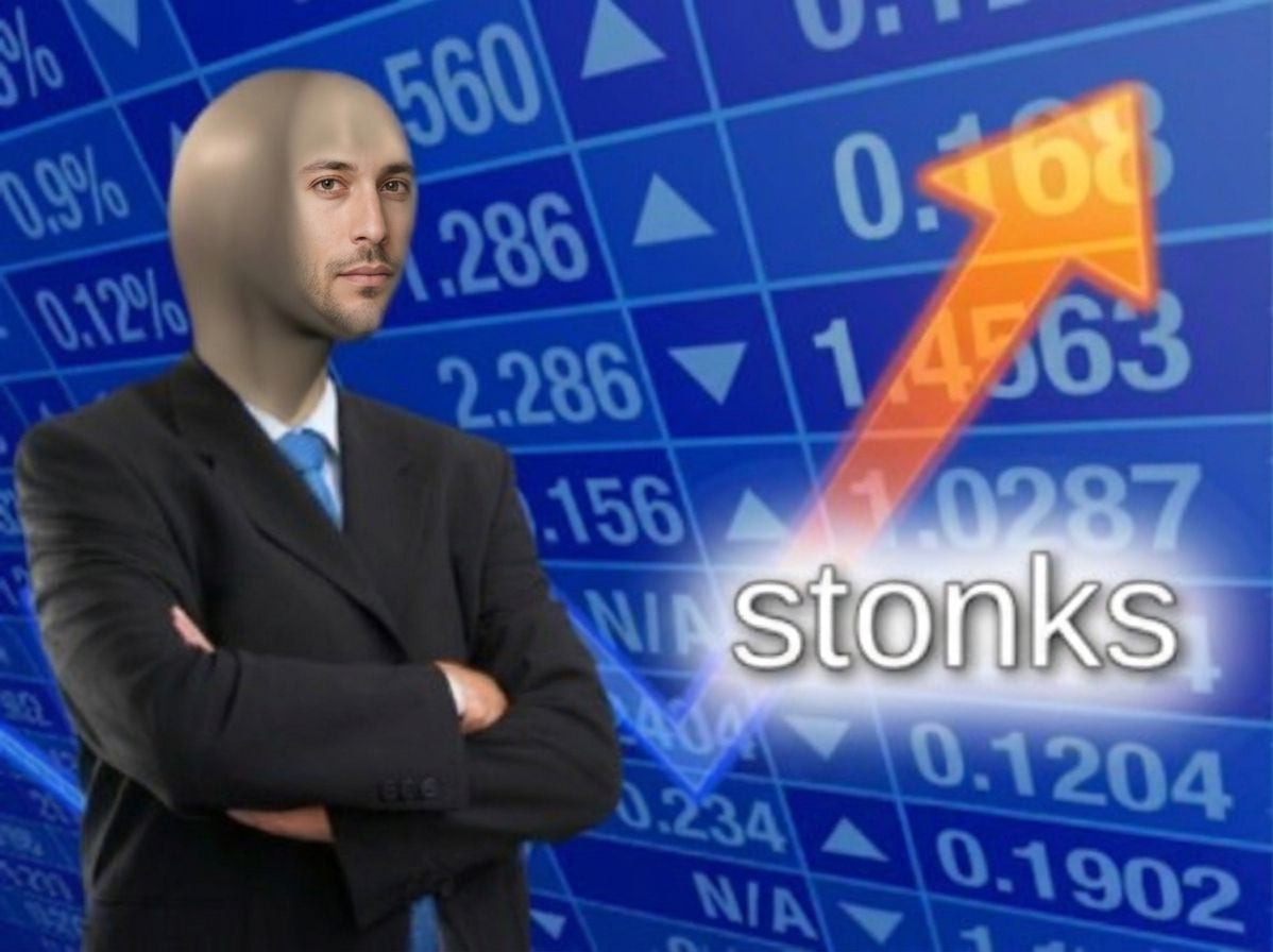 Stonks meme with a realistic man's face and rising stock arrow