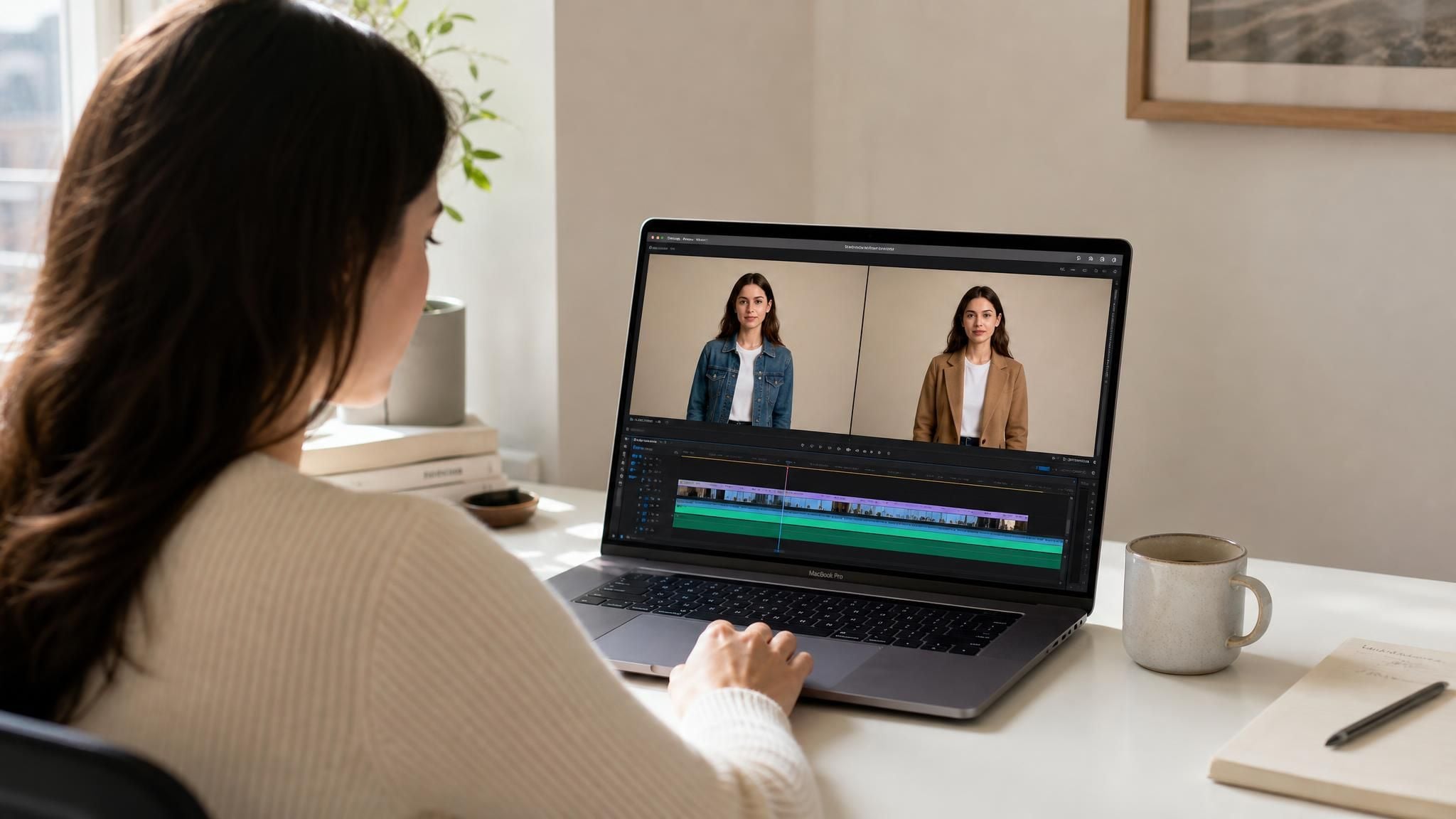 Koncepcja zmieniacza ubrań AI w filmie, oś czasu edycji na laptopie z podzielonym podglądem pokazującym tę samą kobietę w dżinsowej kurtce z jednej strony i dopasowanym camelowym płaszczu z drugiej.