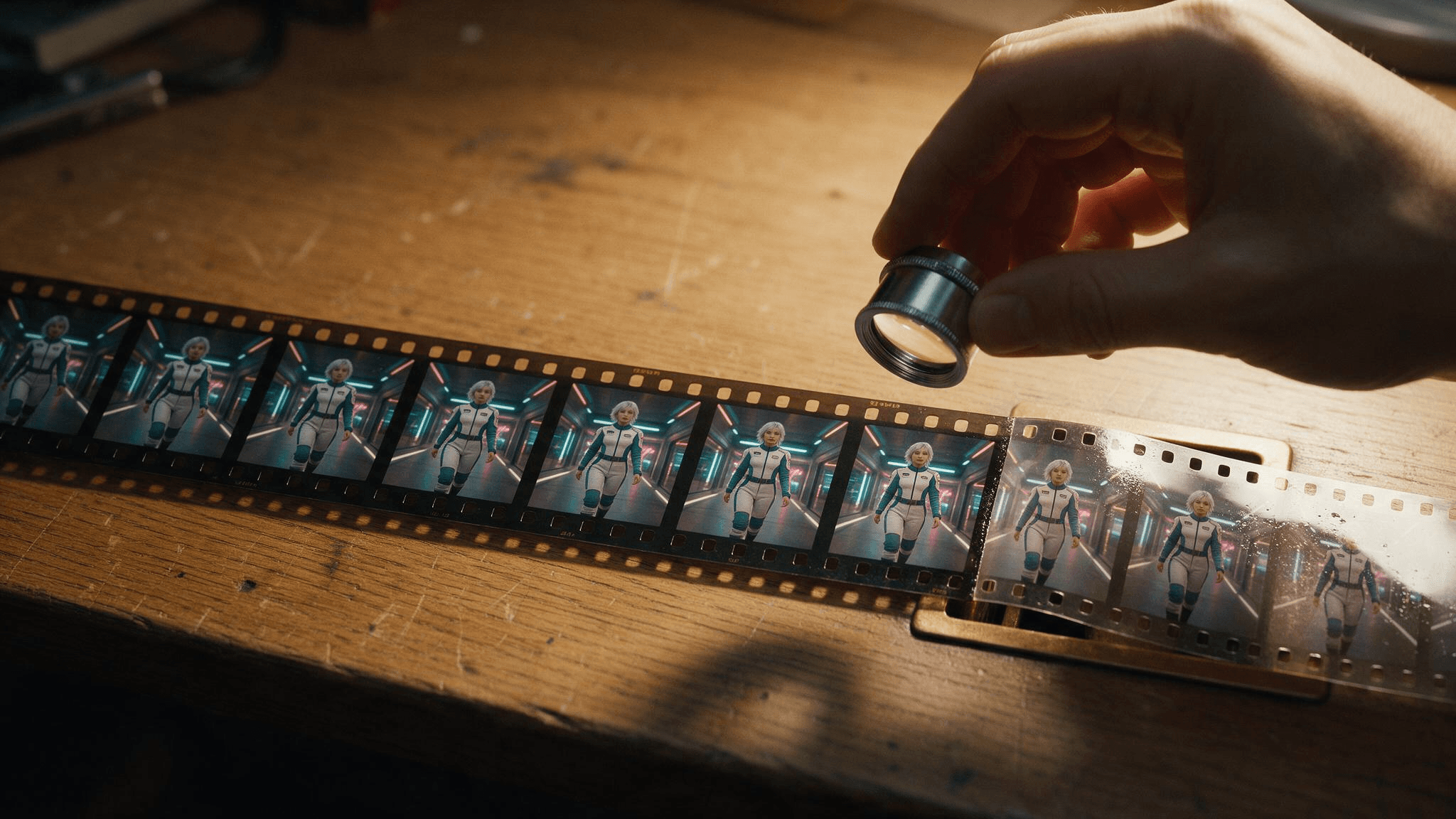 A strip of 35mm film on an oak editing table showing a silver-haired woman in a white and teal flight suit walking down a neon-lit corridor, with new glossy frames emerging from a brass slot and a hand holding a loupe above the join, a visual metaphor for an AI video extender continuing footage from its last frame