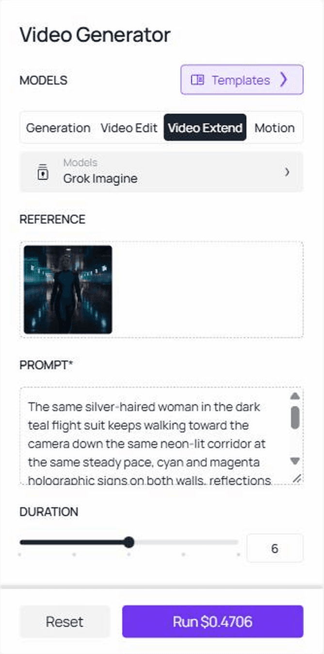 Atlas Cloud Video Extend settings panel with Grok Imagine selected, the corridor clip loaded in the reference slot, the anchored continuation prompt typed in, the duration slider at 6 seconds, and the Run button showing the price of the run