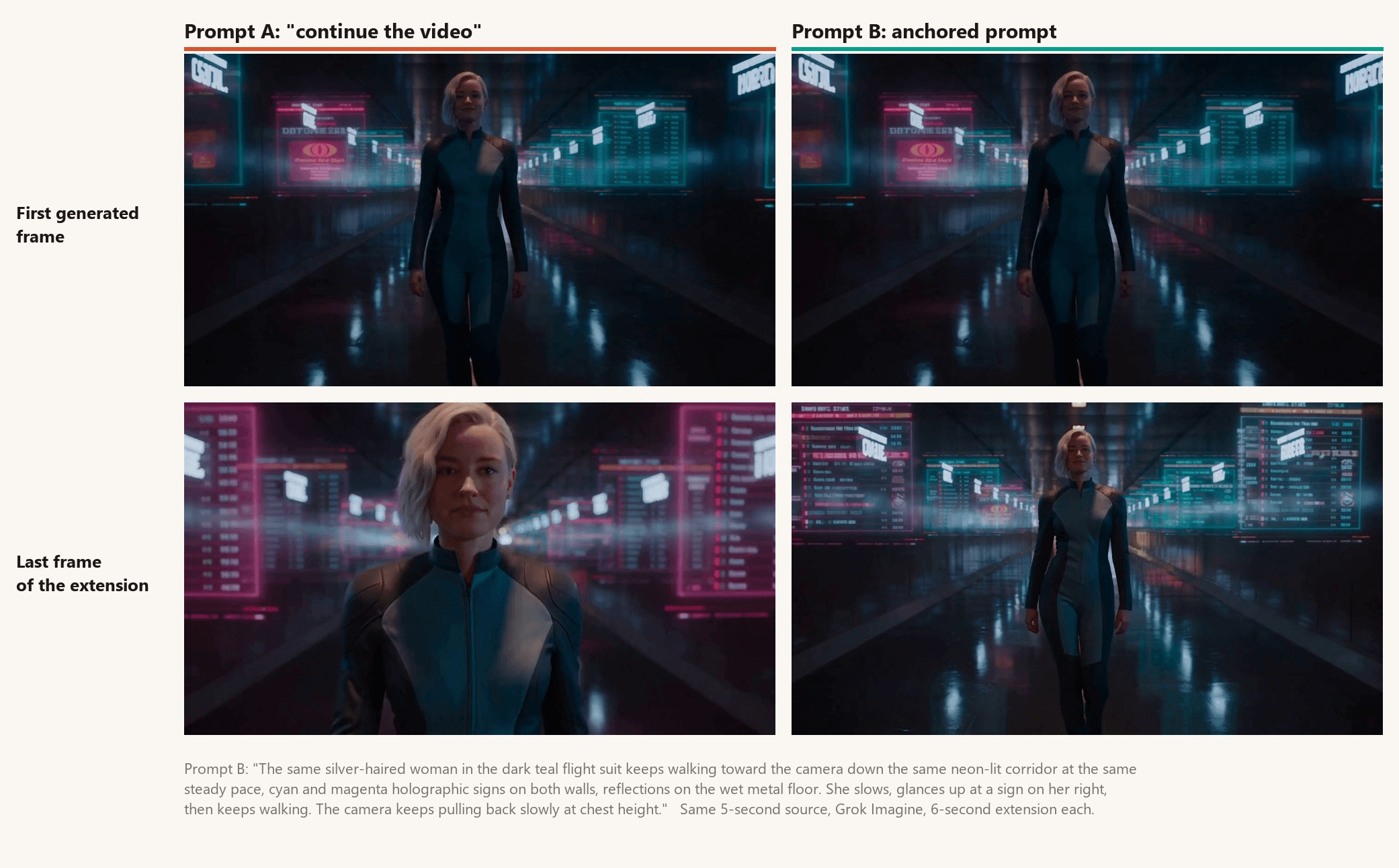 Two-by-two frame grid comparing two Grok Imagine extensions of the same neon corridor clip: with the weak prompt continue the video, the last frame has pushed in to a close-up of the woman's face against magenta signs; with the anchored prompt, the last frame keeps the wide shot, her walking pose and the teal lighting of the source