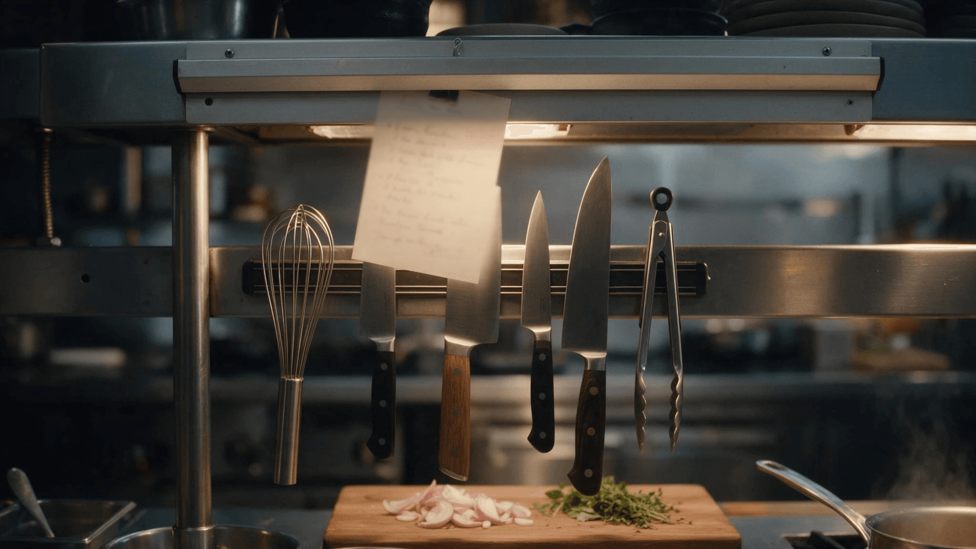 A handwritten recipe card clipped to a steel ticket rail above a row of chef's knives and tongs in a warm-lit kitchen, like a Claude skill sitting next to the tools an MCP server provides